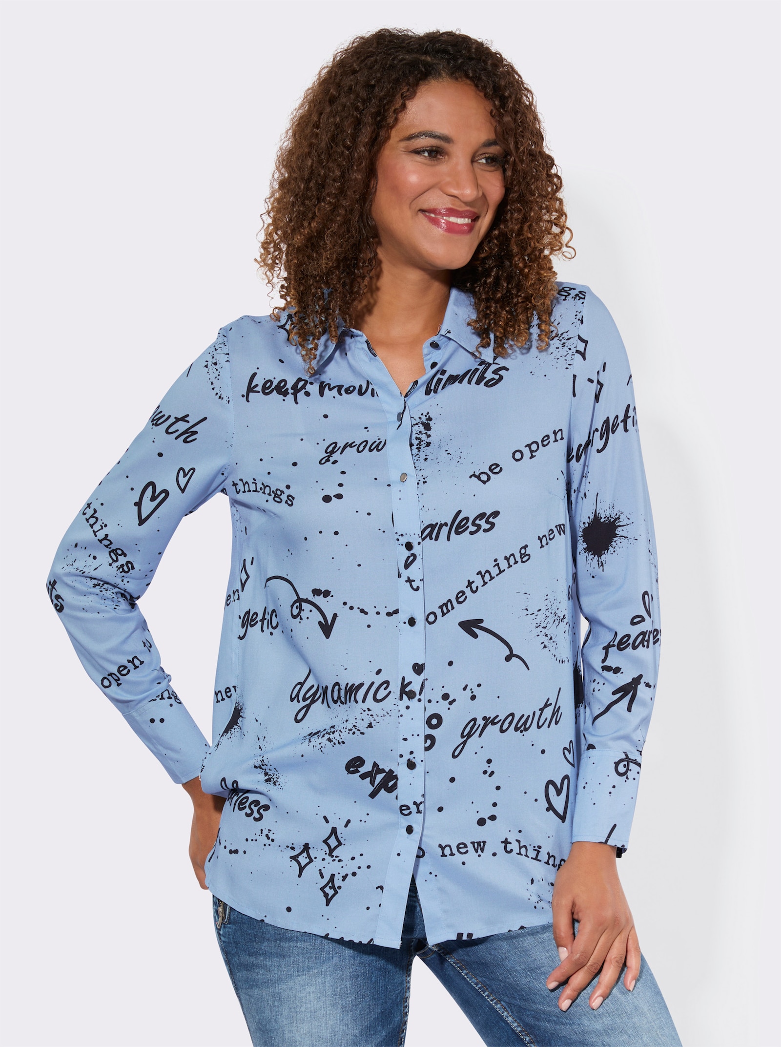 Druckbluse mit abgerundeten Seitenschlitzen - himmelblau-schwarz-bedruckt