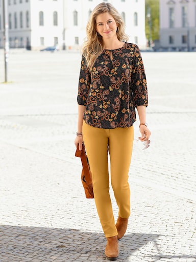 Comfortabele blouse - zwart/oker bedrukt