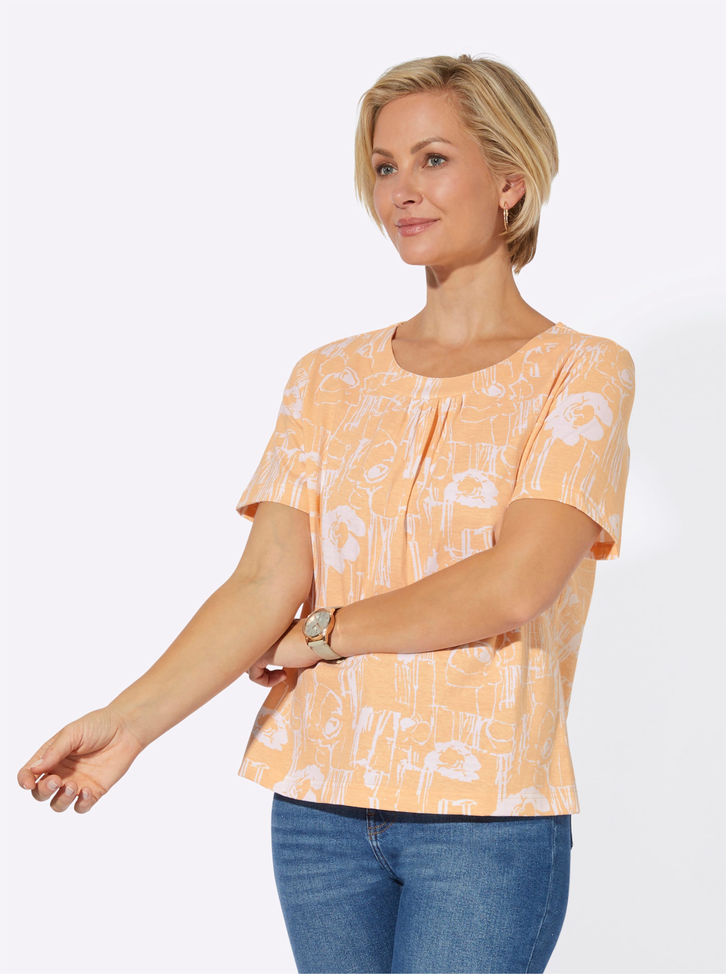 Witt Damen Shirt, apricot + apricot-weiß-bedruckt