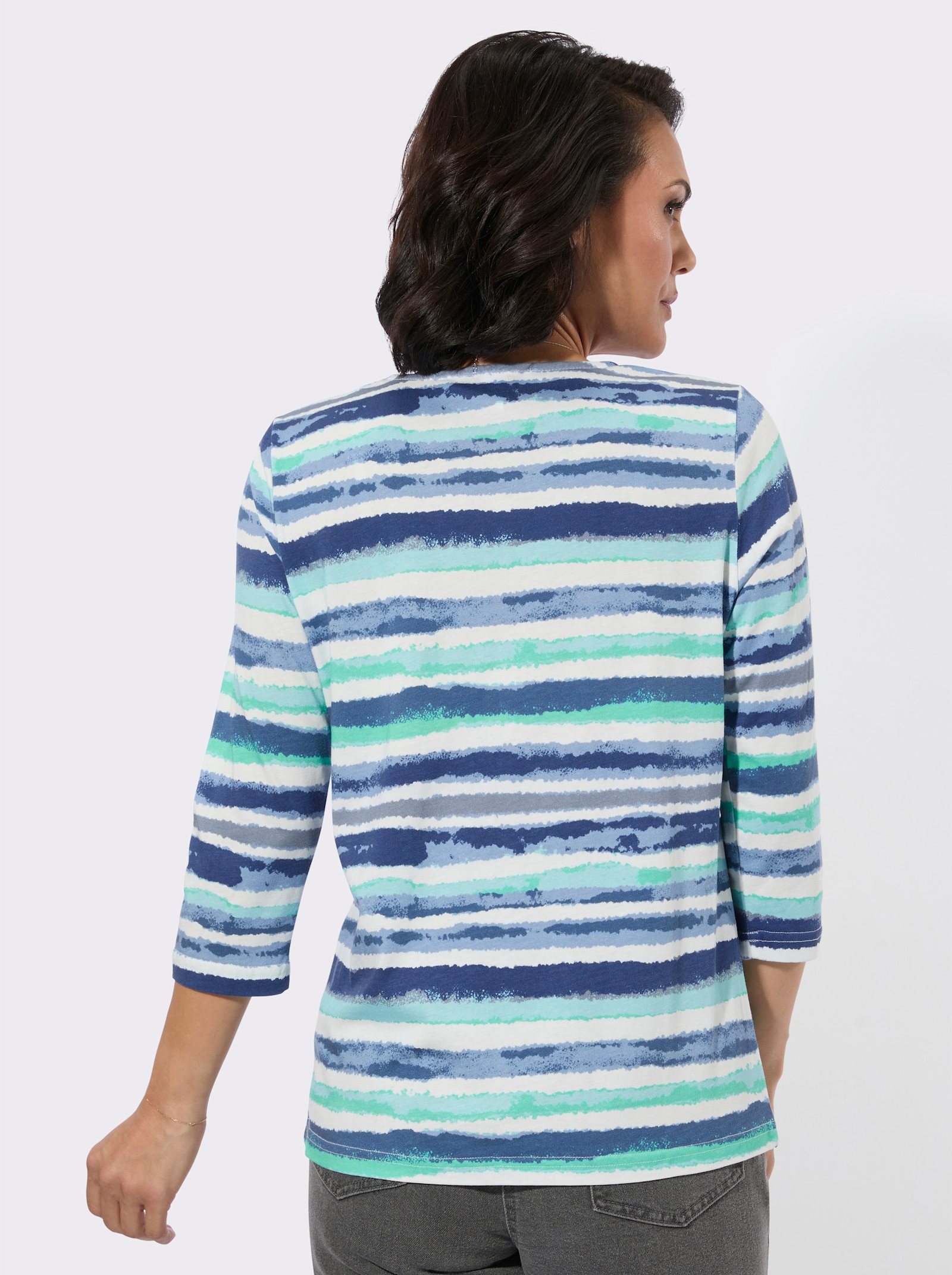 Rundhalsshirt im Ringelmuster - mint-ecru-bedruckt