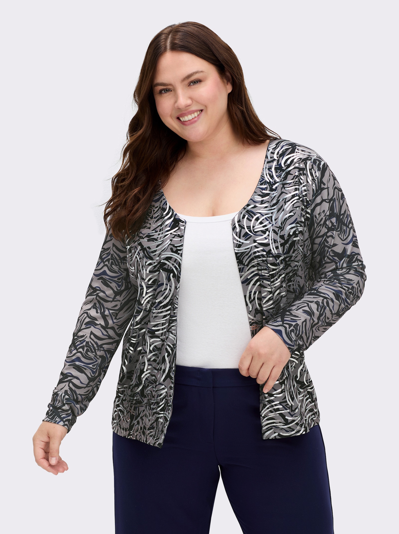 Shirtjacke mit silberfarbenem Folien-Druck - schwarz-marine-bedruckt