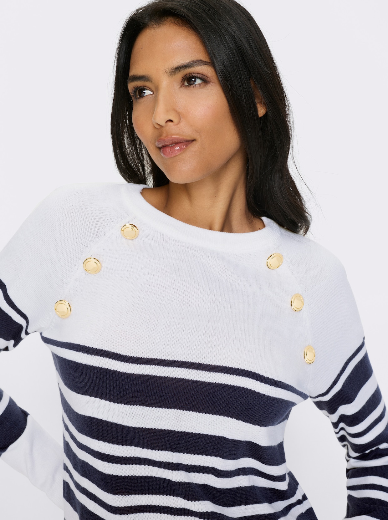 Langarm-Pullover - weiß-marine-geringelt