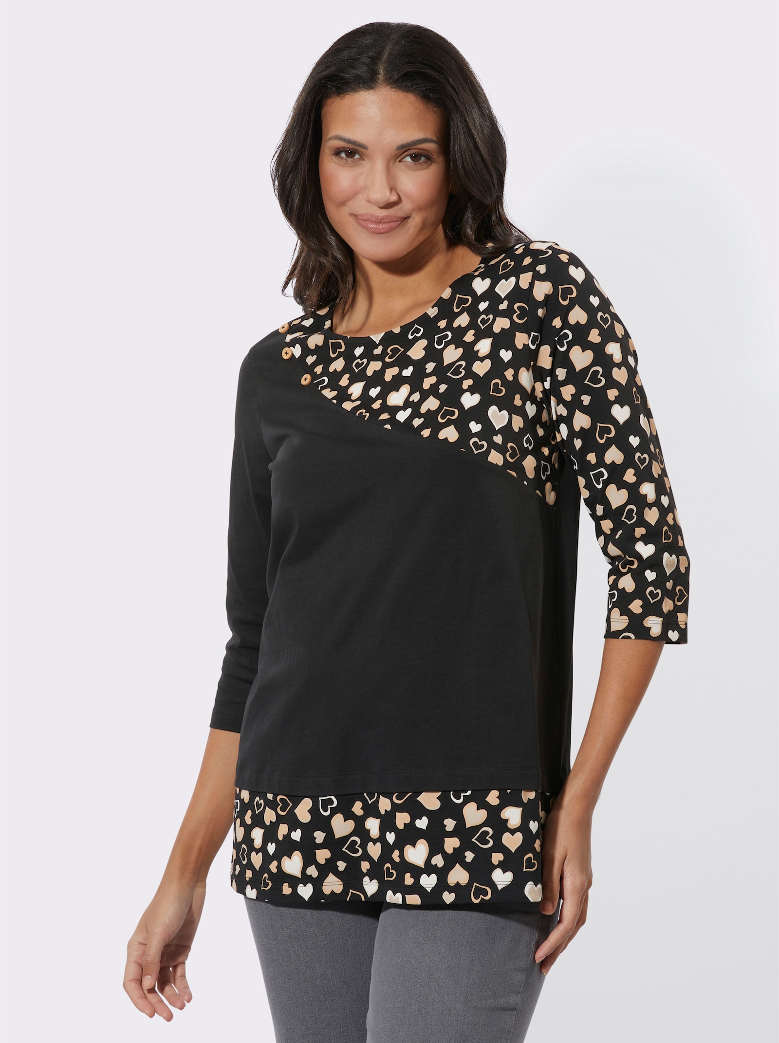 Dlouhé tričko se srdíčkovými vsadkami - černá-velbloudí-potisk