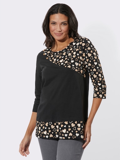 Longshirt mit Herzchen-Einsätzen - schwarz-camel-bedruckt