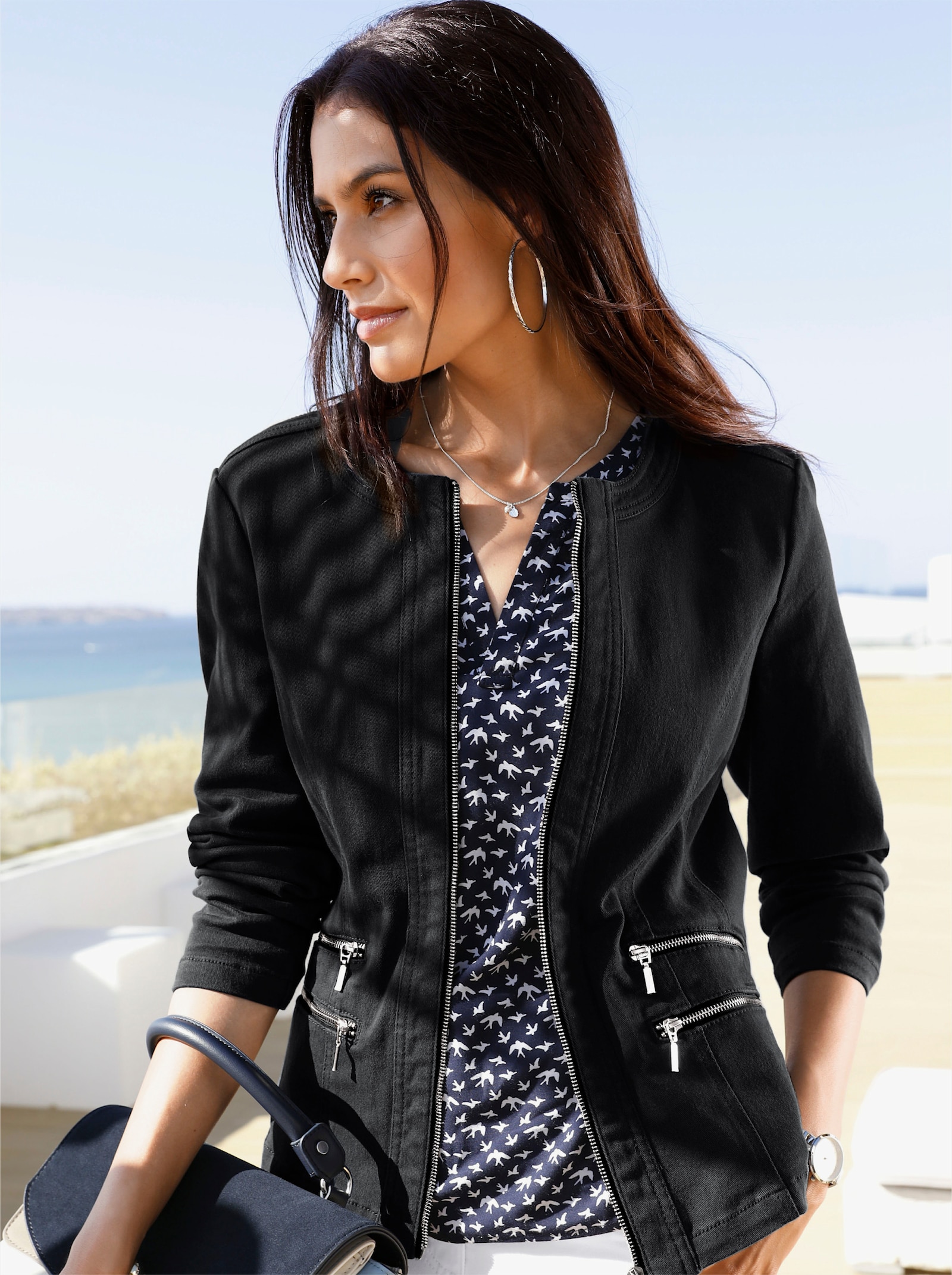 Jeansblazer met sierritssluitingen - zwart