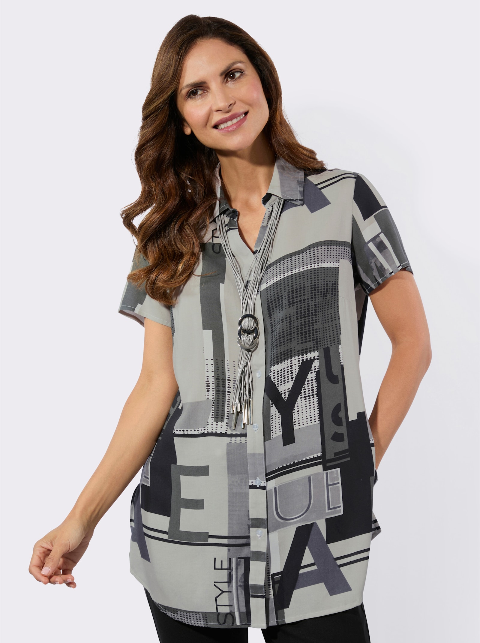 Longbluse in grafischem Dessin - schwarz-ecru-bedruckt