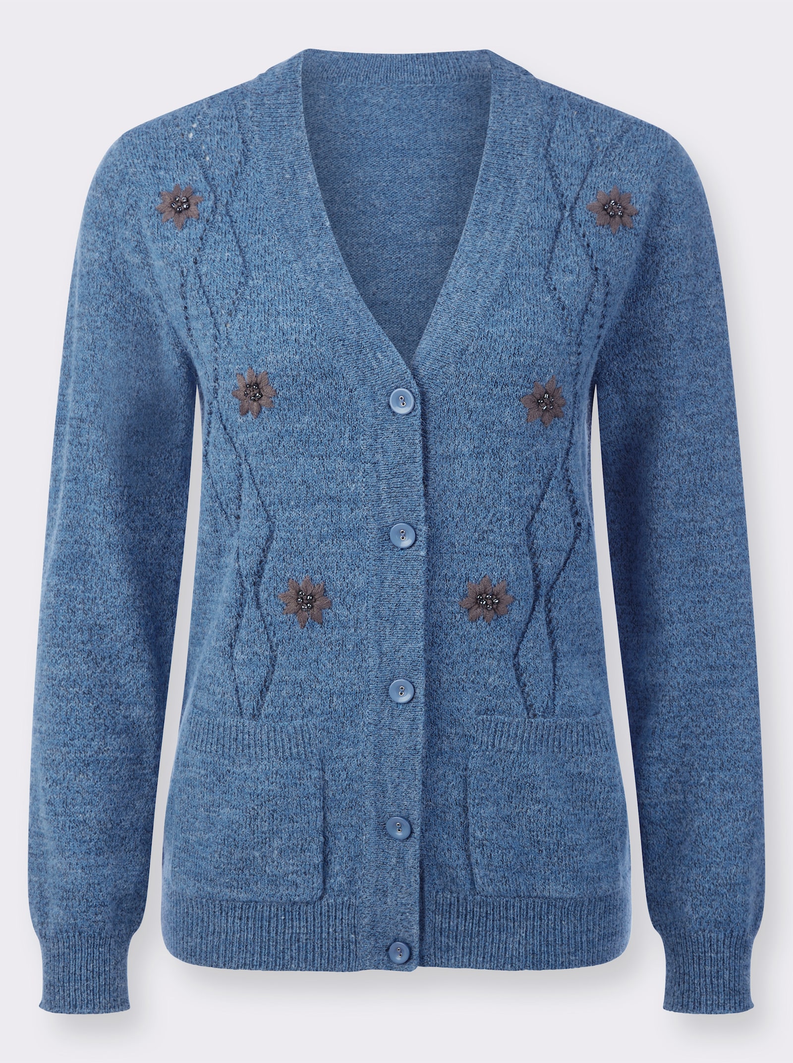 Strickjacke mit Stickerei und Zierperlen - mittelblau-meliert