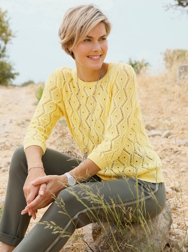 Ajourpullover mit Rippabschlüssen - zitrone