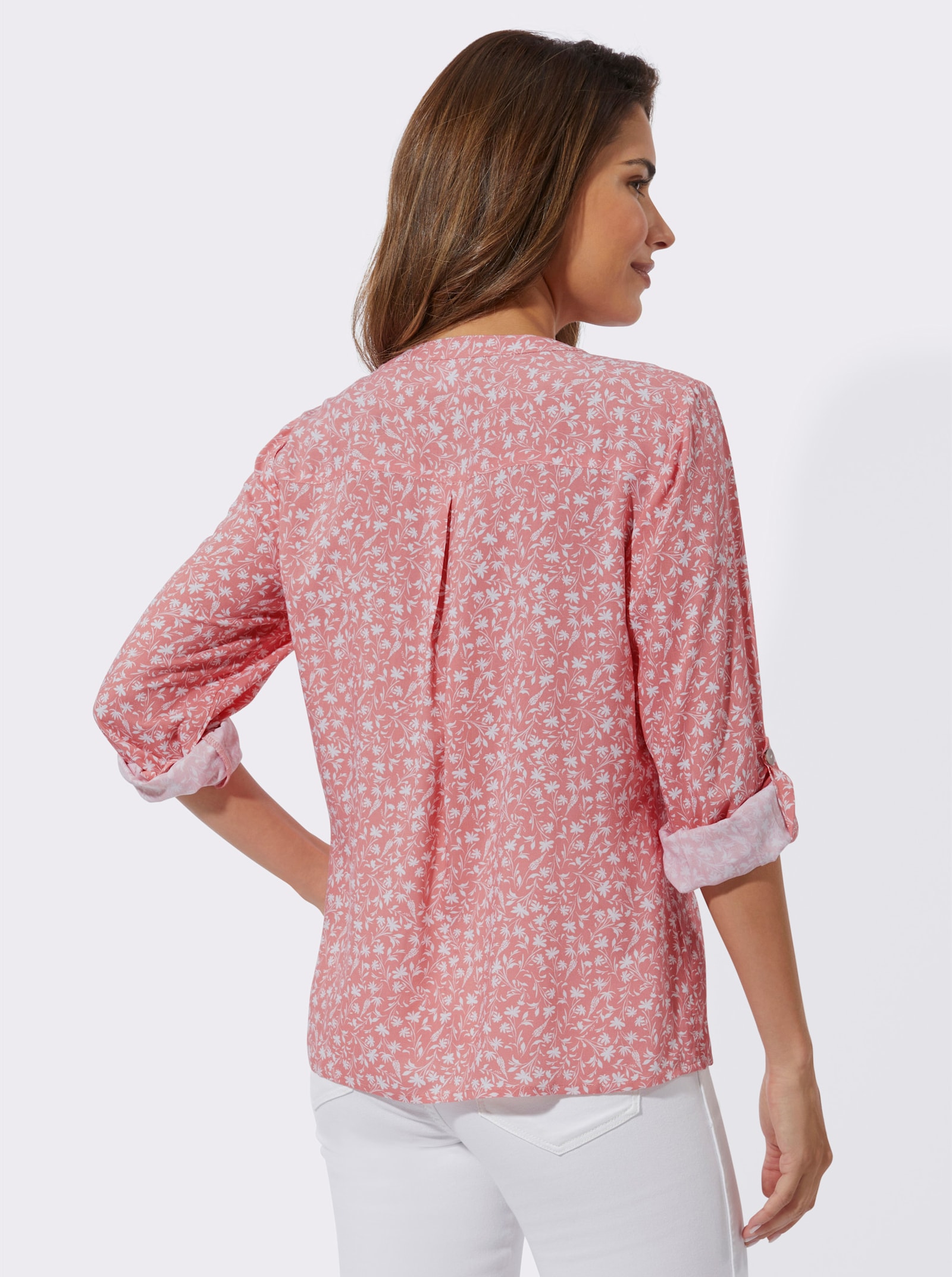 Langarm-Bluse mit Krempelärmeln - flamingo-weiß-bedruckt