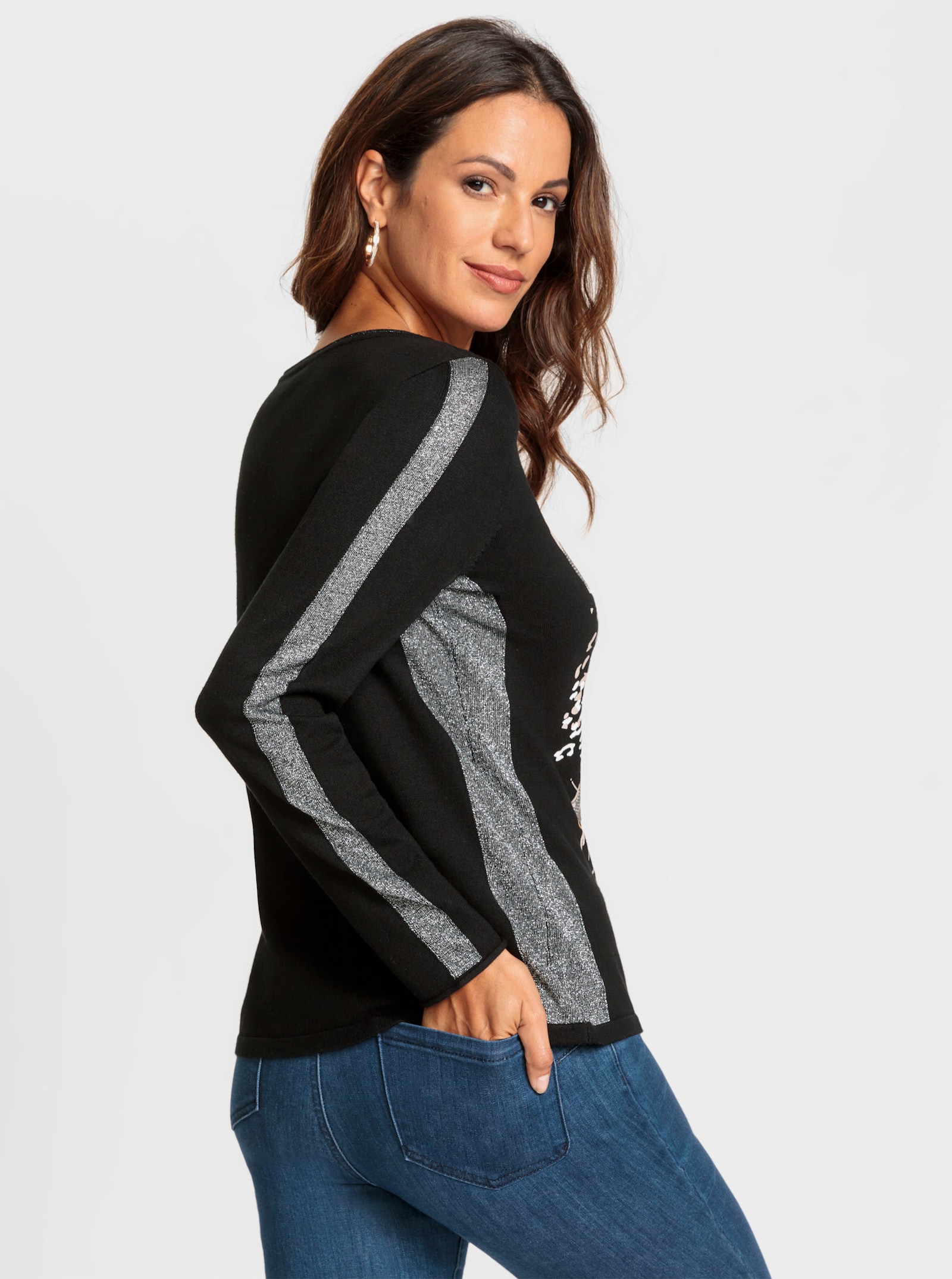 Strickpullover mit Glitzersteinchen - schwarz-sand-bedruckt