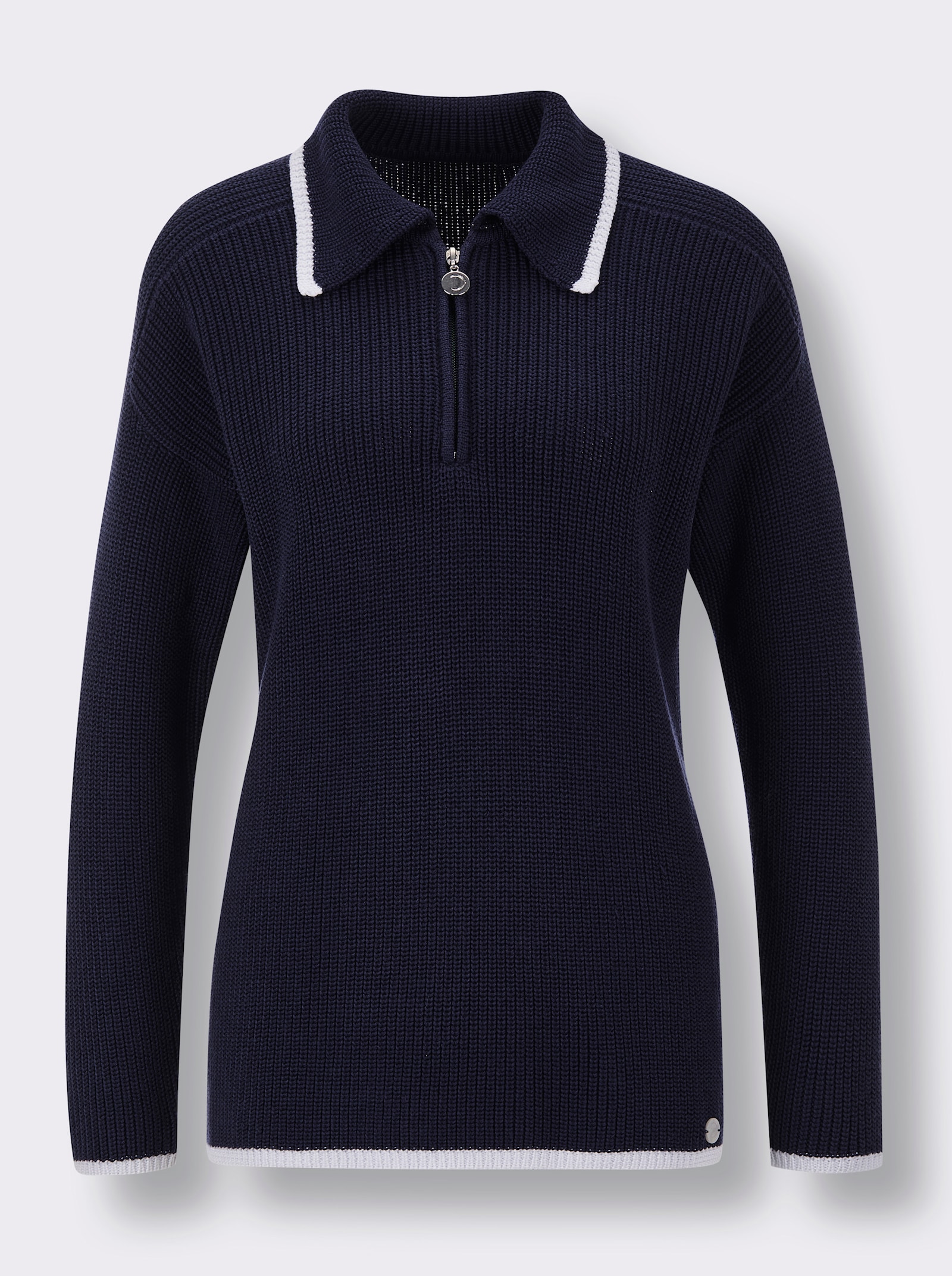 CREATION L PREMIUM Polopullover in Feinripp-Struktur - marine