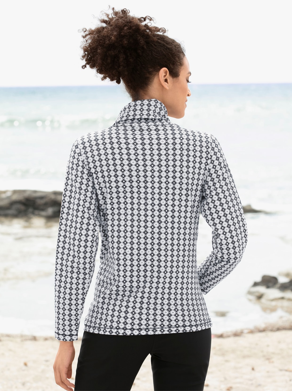 Shirt met rolkraag - wit/zwart gedessineerd