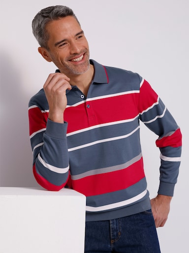 Sweatshirt mit Polokragen - rauchblau-rot-geringelt