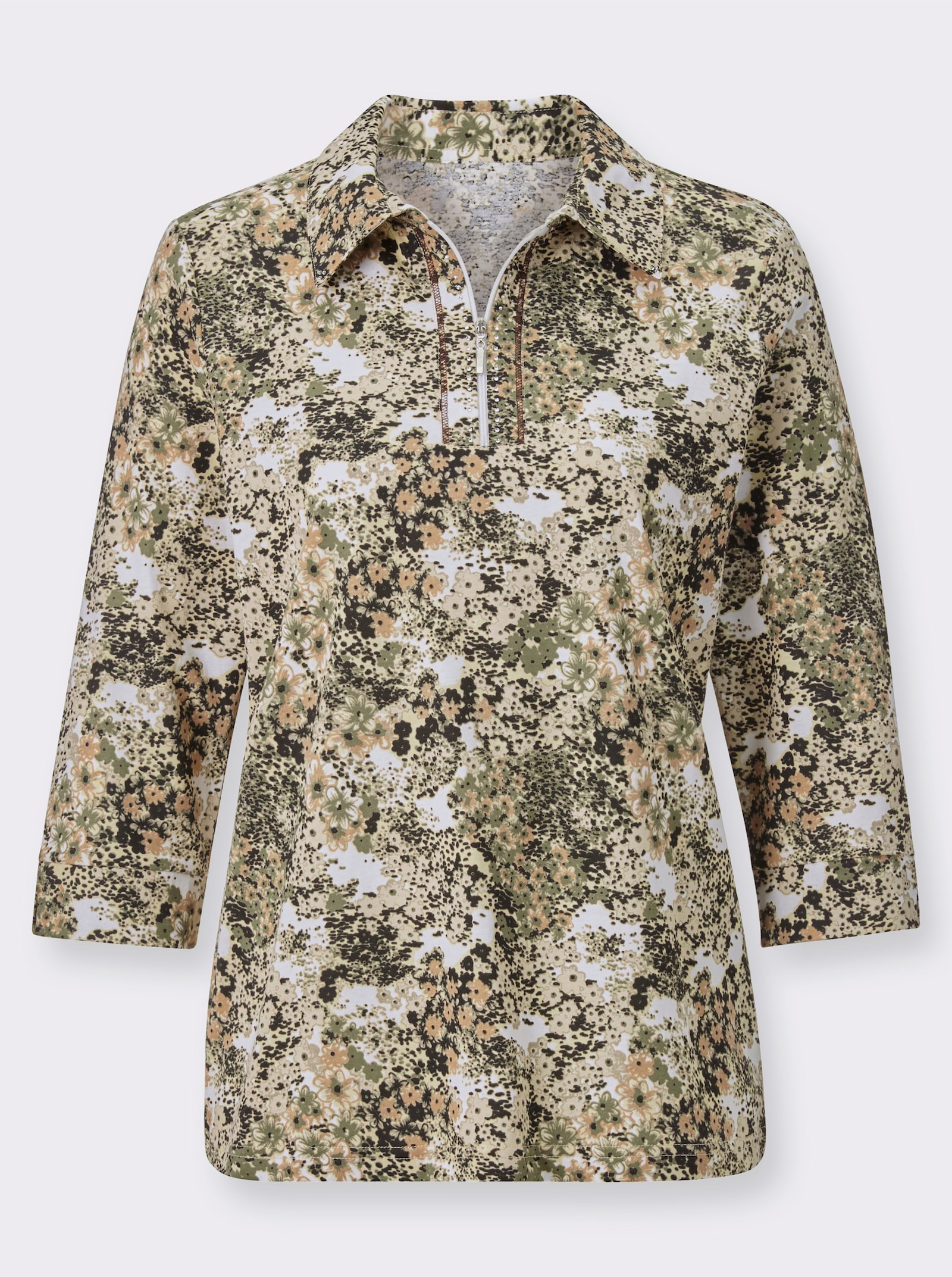 Poloshirt met glittersteentjes - leem/ecru bedrukt