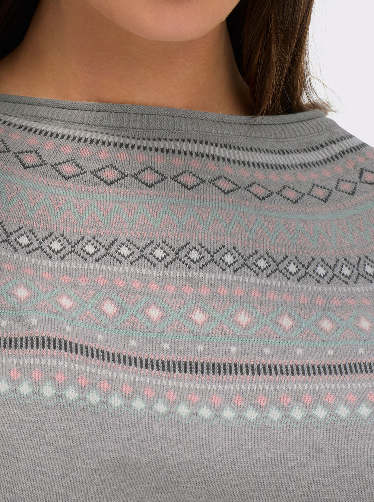 Norwegerpullover aus reiner Baumwolle - grau-meliert-gemustert