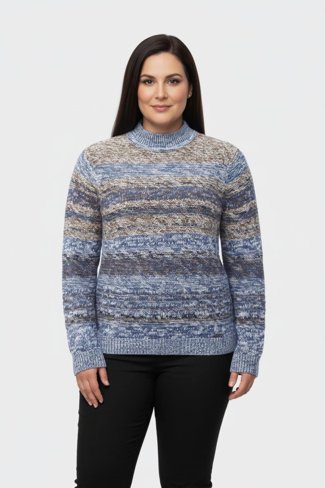Langarm-Pullover mit Strickstruktur - jeansblau-braun-meliert