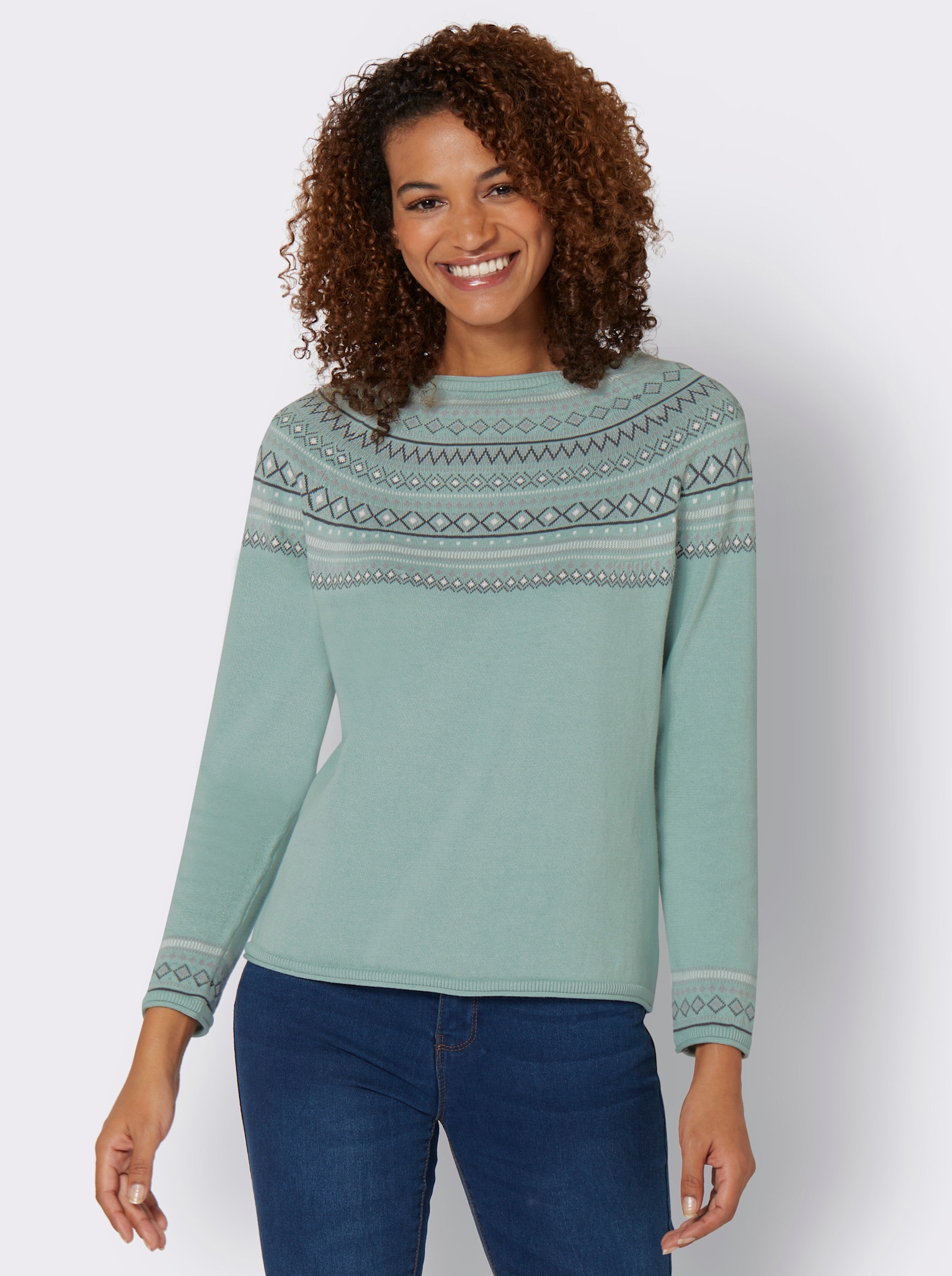 Norwegerpullover aus reiner Baumwolle - mint-gemustert