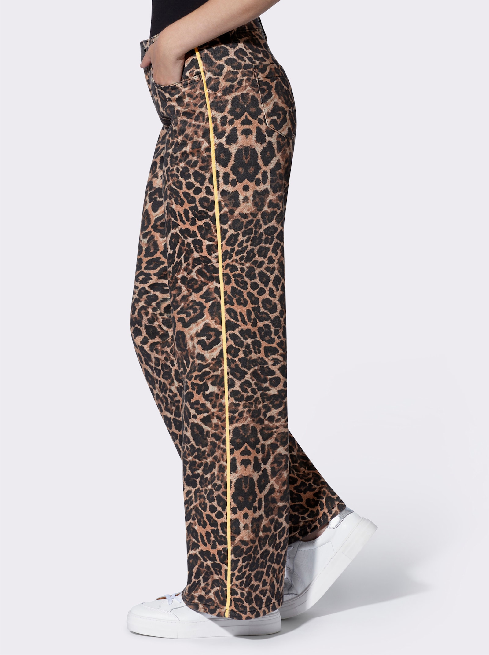 heine 5-Pocket-Hose mit Kontrast-Paspeln - schwarz-braun-bedruckt