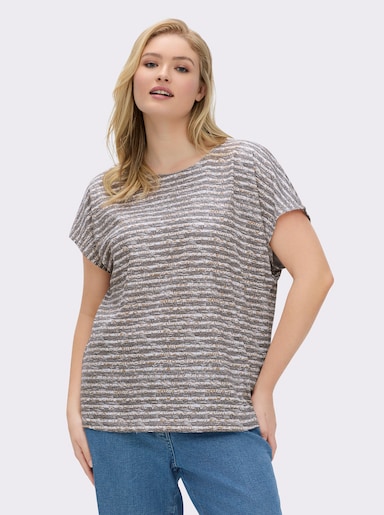 Rundhalsshirt mit weicher Baumwolle - taupe-ecru-geringelt