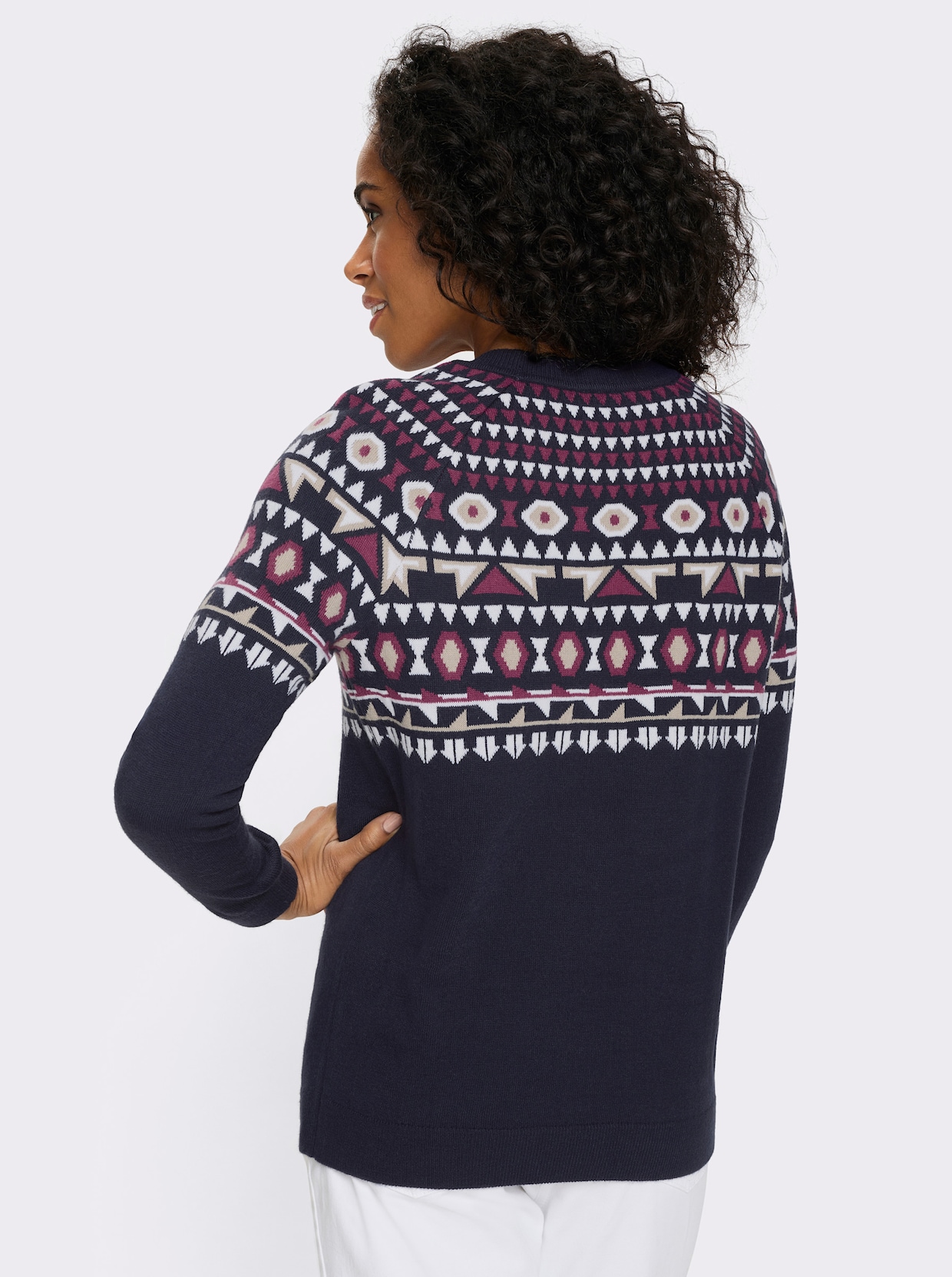 Norwegerpullover mit Raglanärmeln - marine-ecru-gemustert