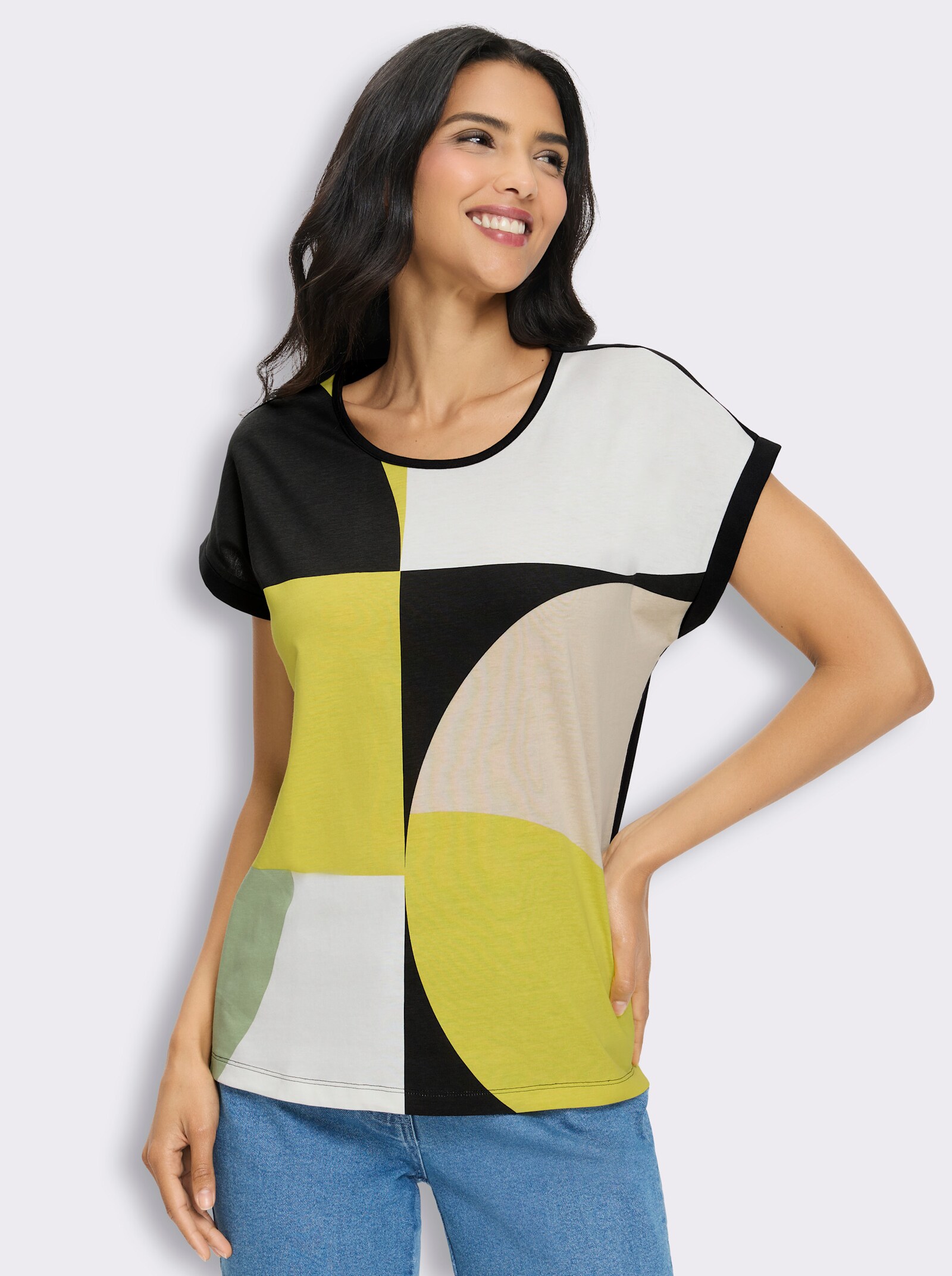 Kurzarmshirt mit Grafik-Dessin - pistazie-schwarz-bedruckt