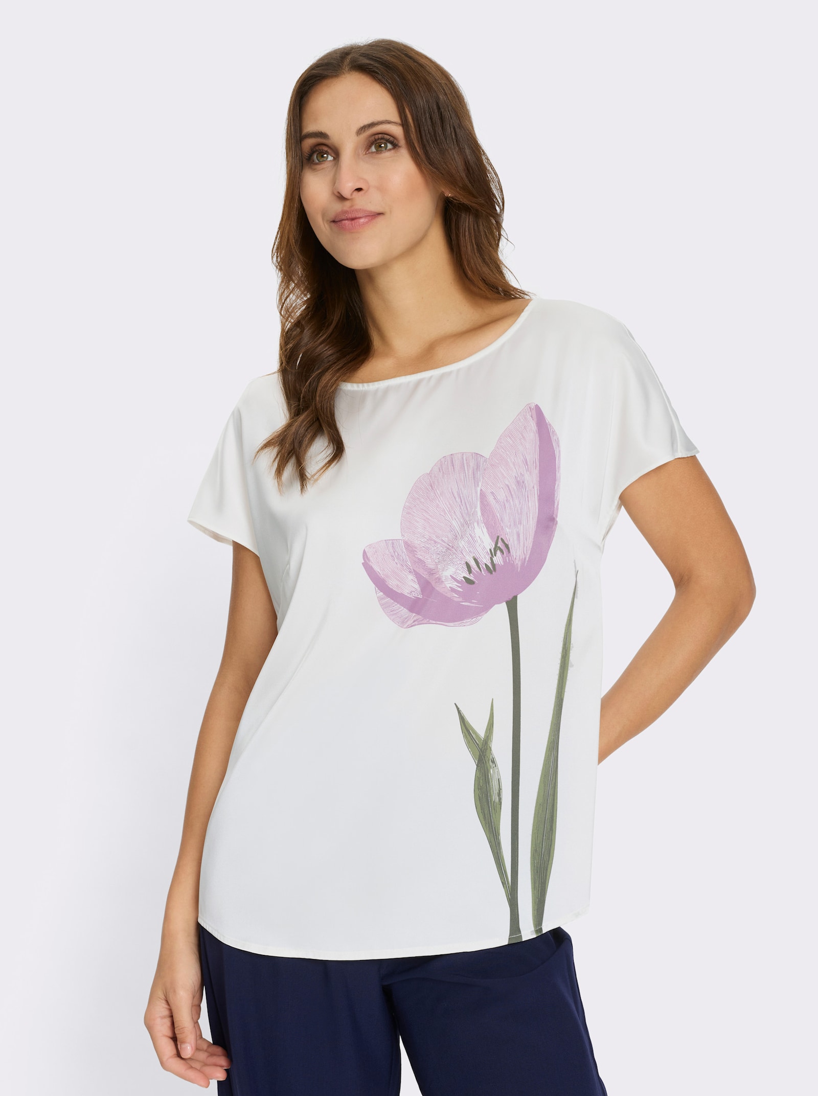 Satinbluse mit überschnittenen Schultern - ecru-bedruckt