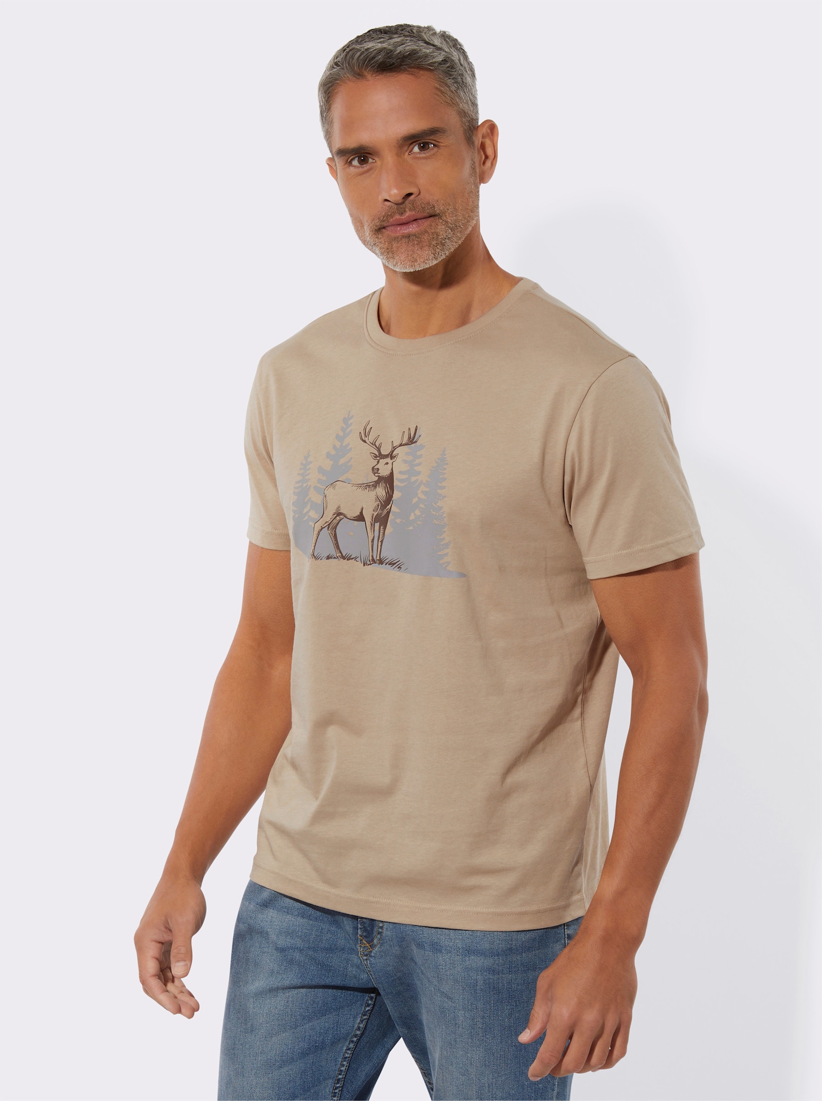 Shirt met korte mouwen en op dessin geplaatste hertenprint - beige