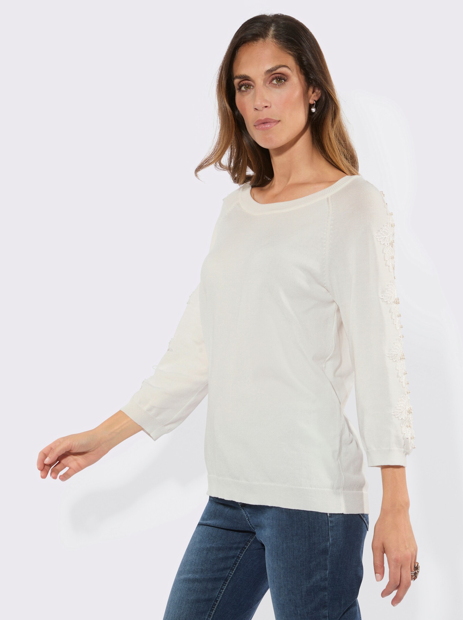 Langarm-Pullover mit Spitze und Zierperlen - ecru