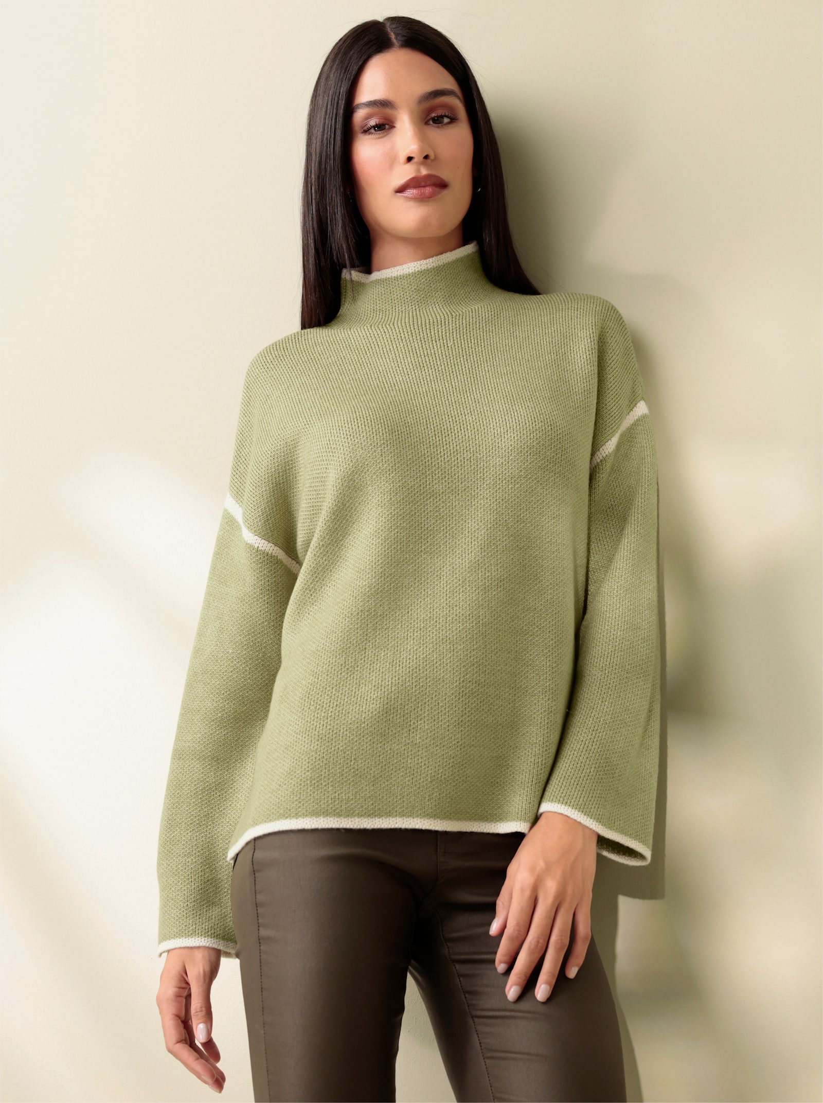 heine Langarm-Pullover mit Kontraststreifen - schilf-ecru-meliert