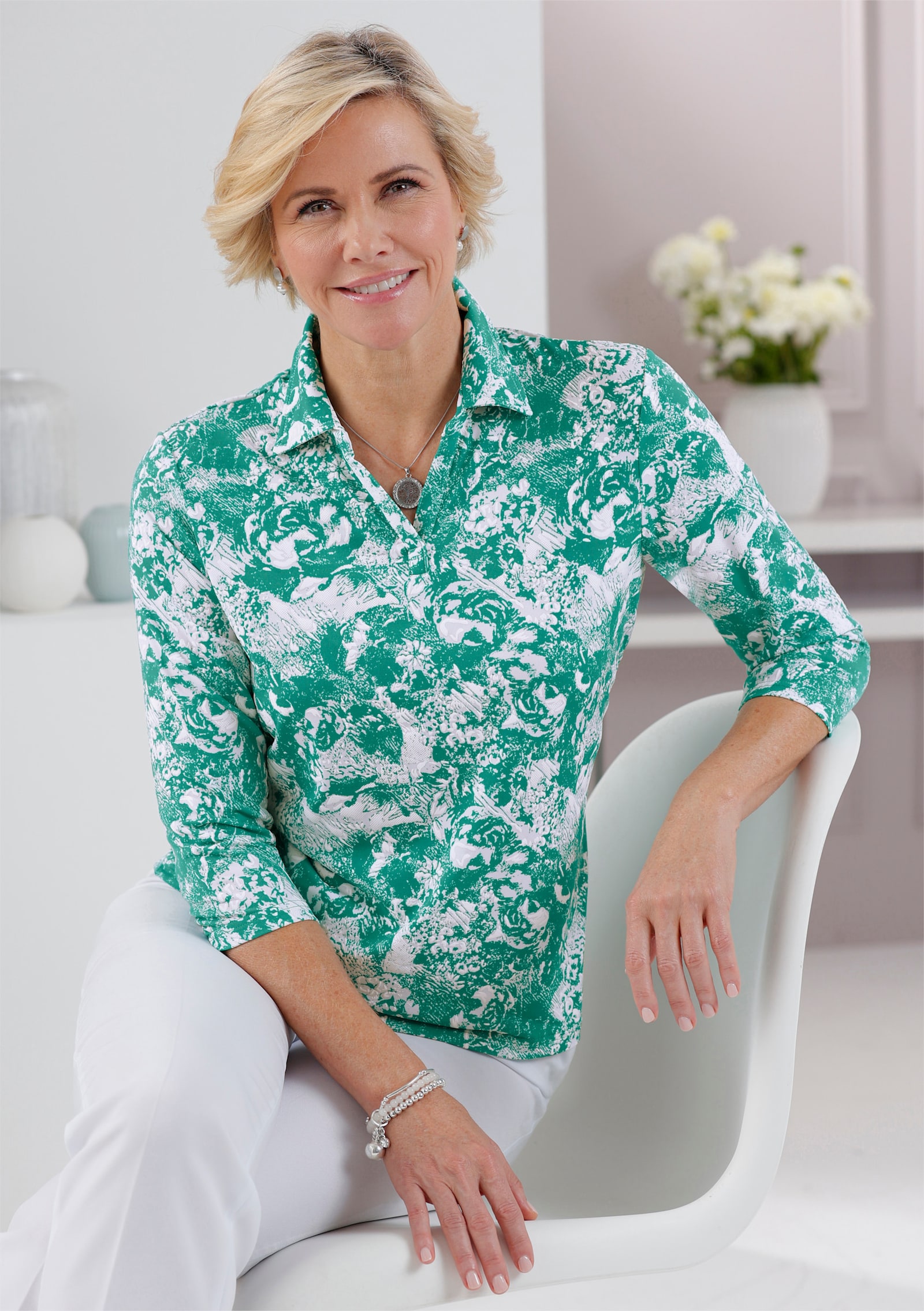 Poloshirt mit recyceltem Polyester - smaragd-weiß-bedruckt