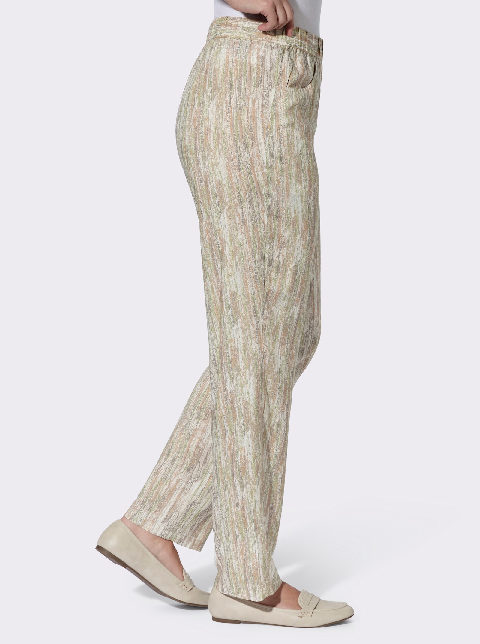 Comfortbroek van pure viscose - champagne/taupe bedrukt