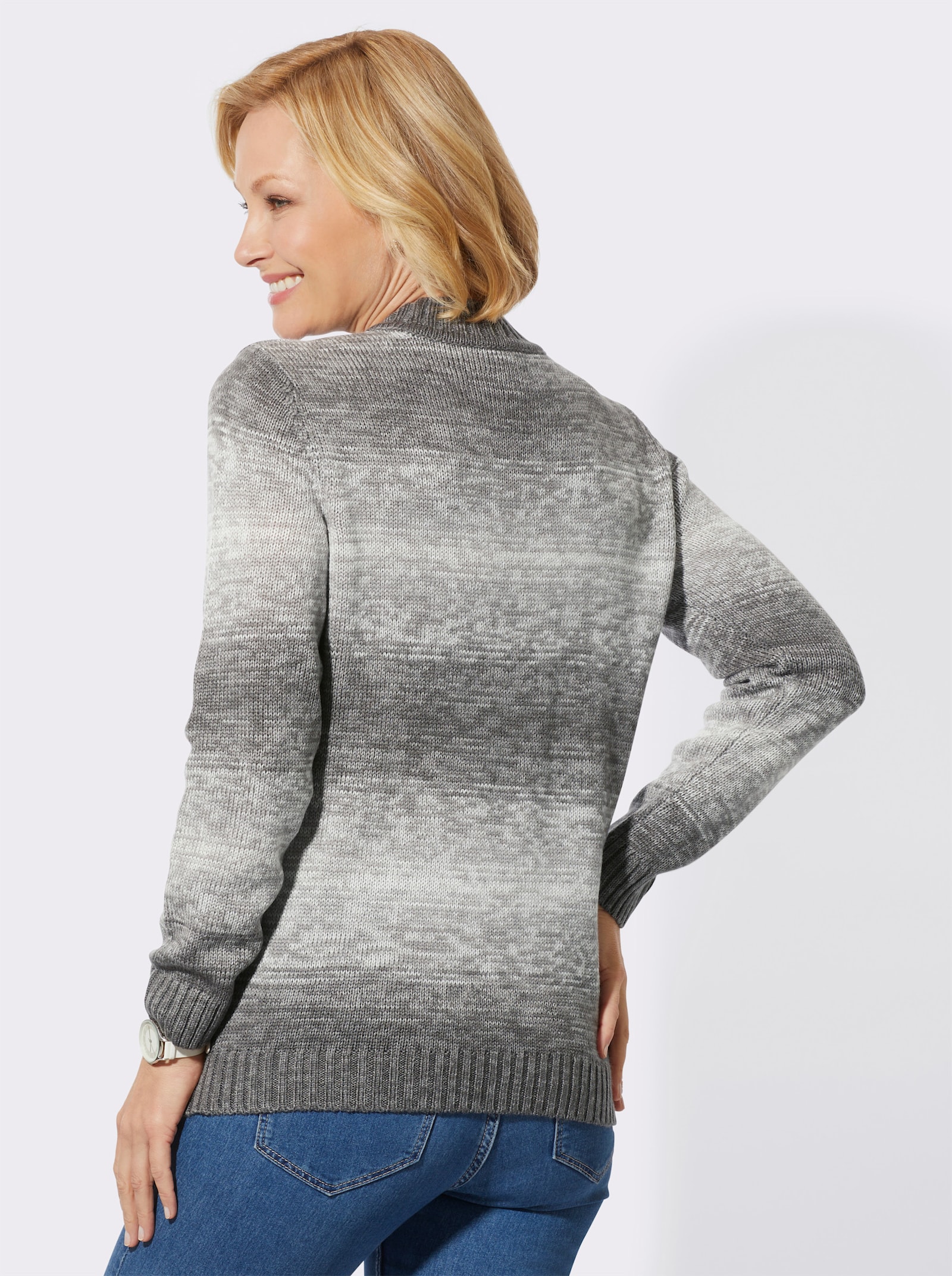 Stehkragenpullover in trageangenehmer Qualität - grau-anthrazit-geringelt