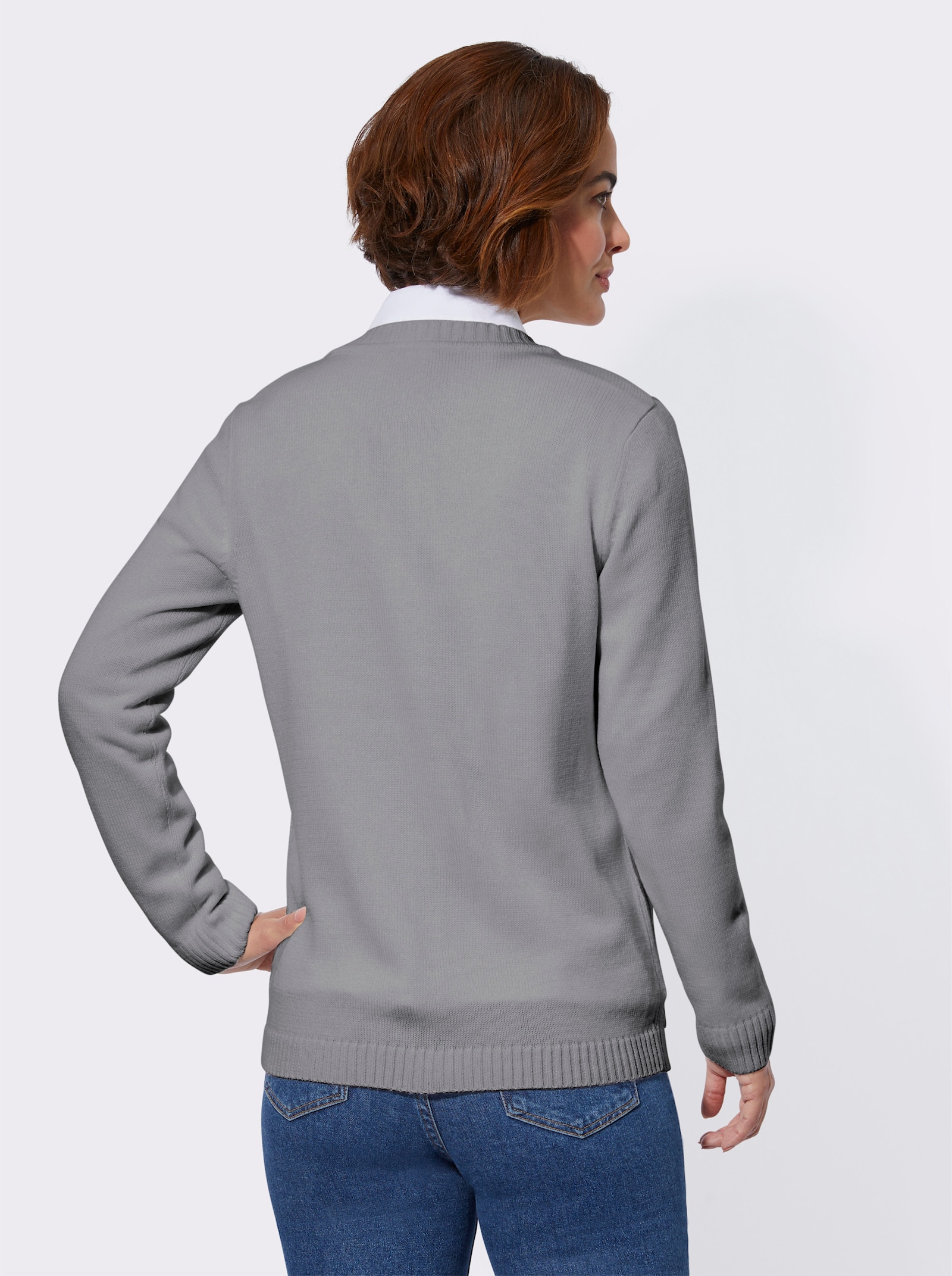 Ajourstrickjacke mit Strickmuster im Vorderteil - steingrau