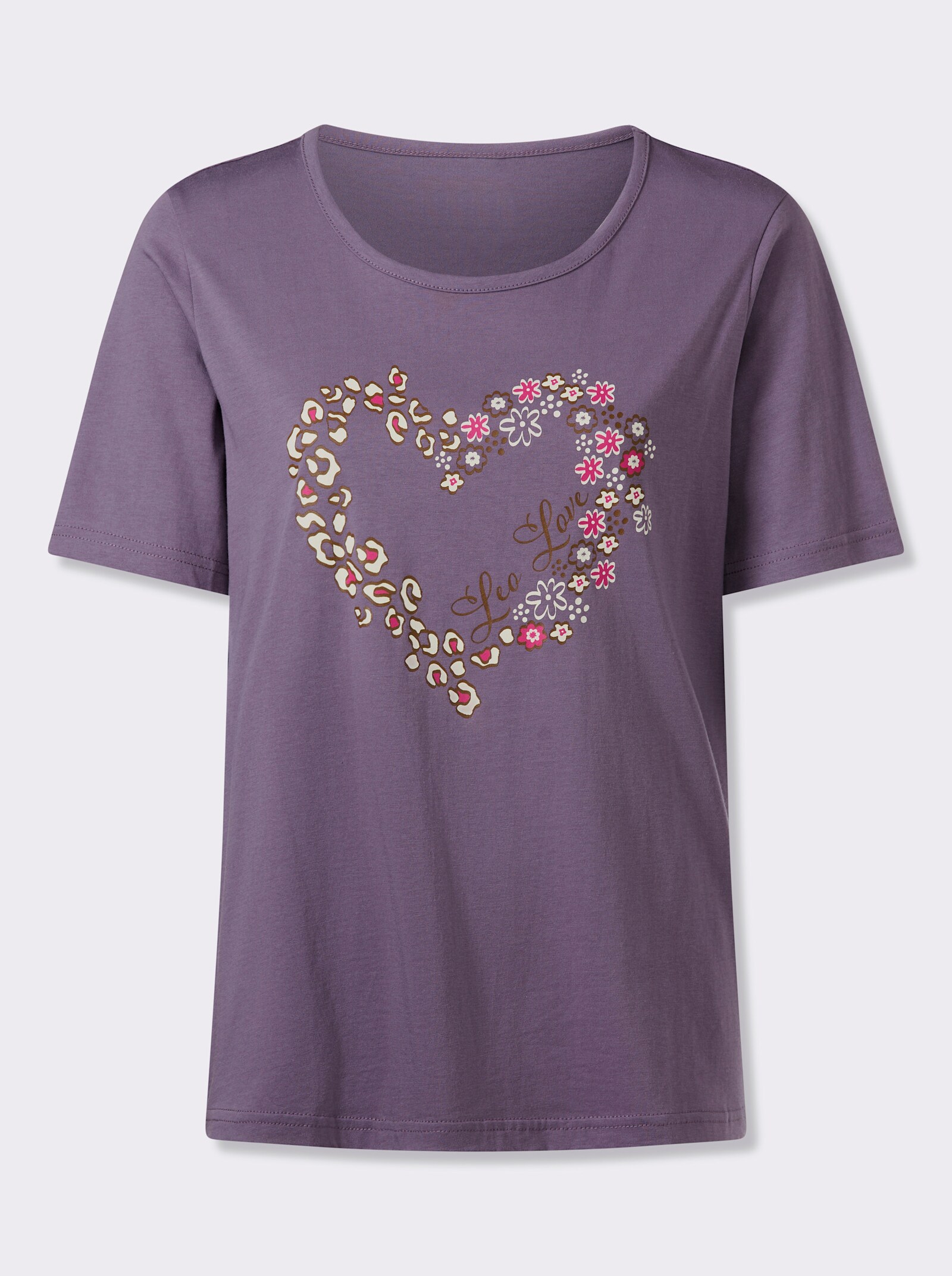 Tričko s kulatým výstřihem se srdíčkovým potiskem - fíková-hnědá-potisk