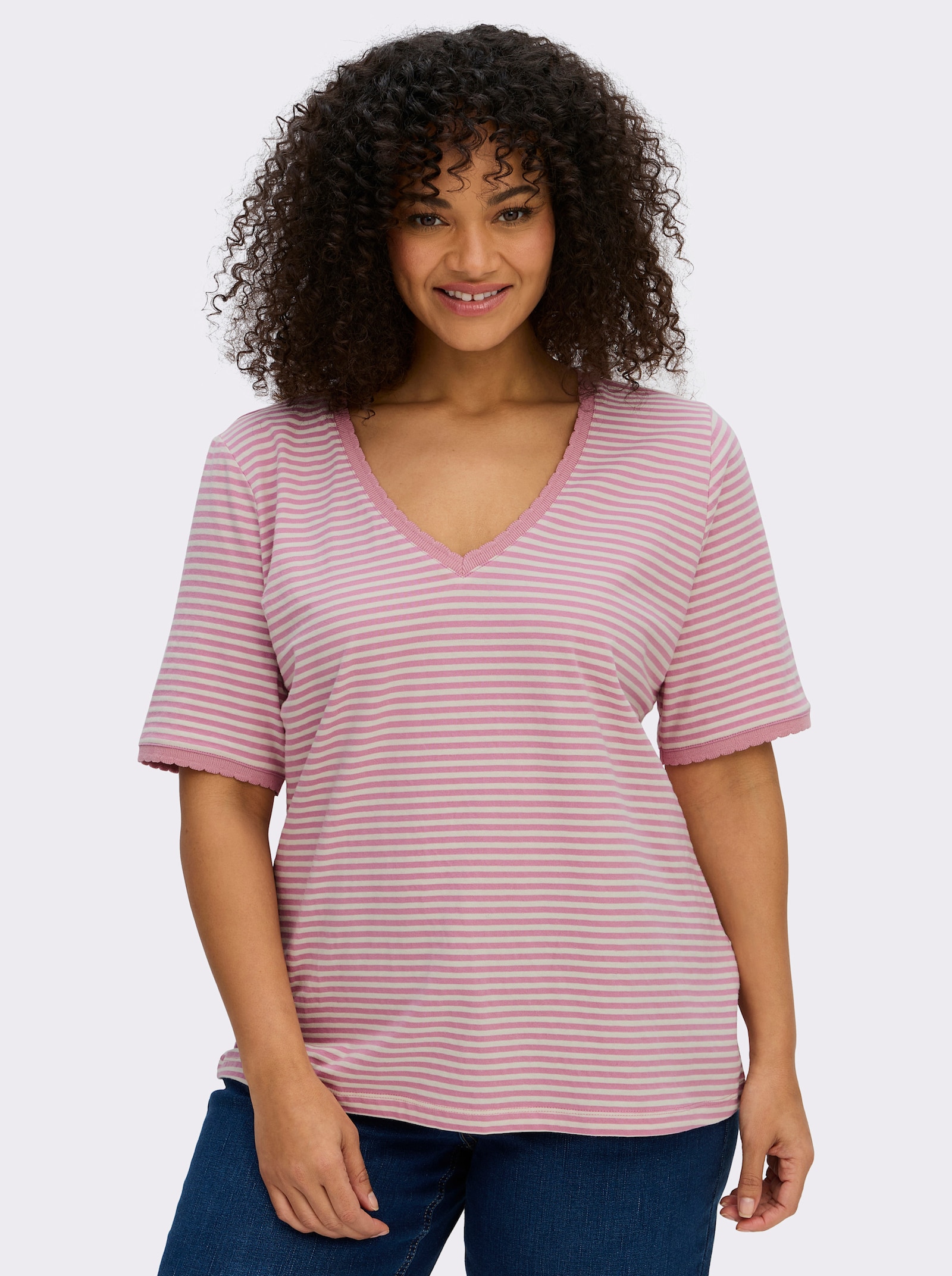 sheego Ringelshirt mit Ajour-Strickband - ecru-altrosa-geringelt