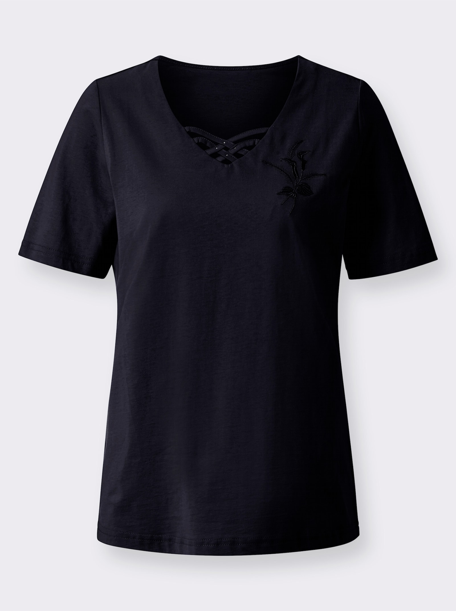 Shirt met korte mouwen en versiering bij de V-hals - marine