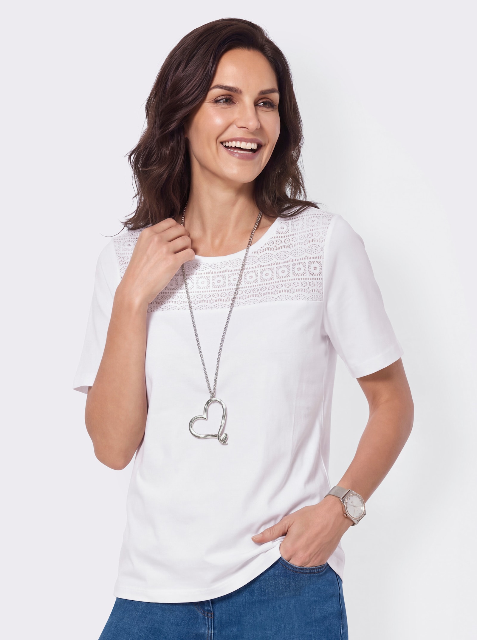 Spitzenshirt mit Rundhals-Ausschnitt - weiß