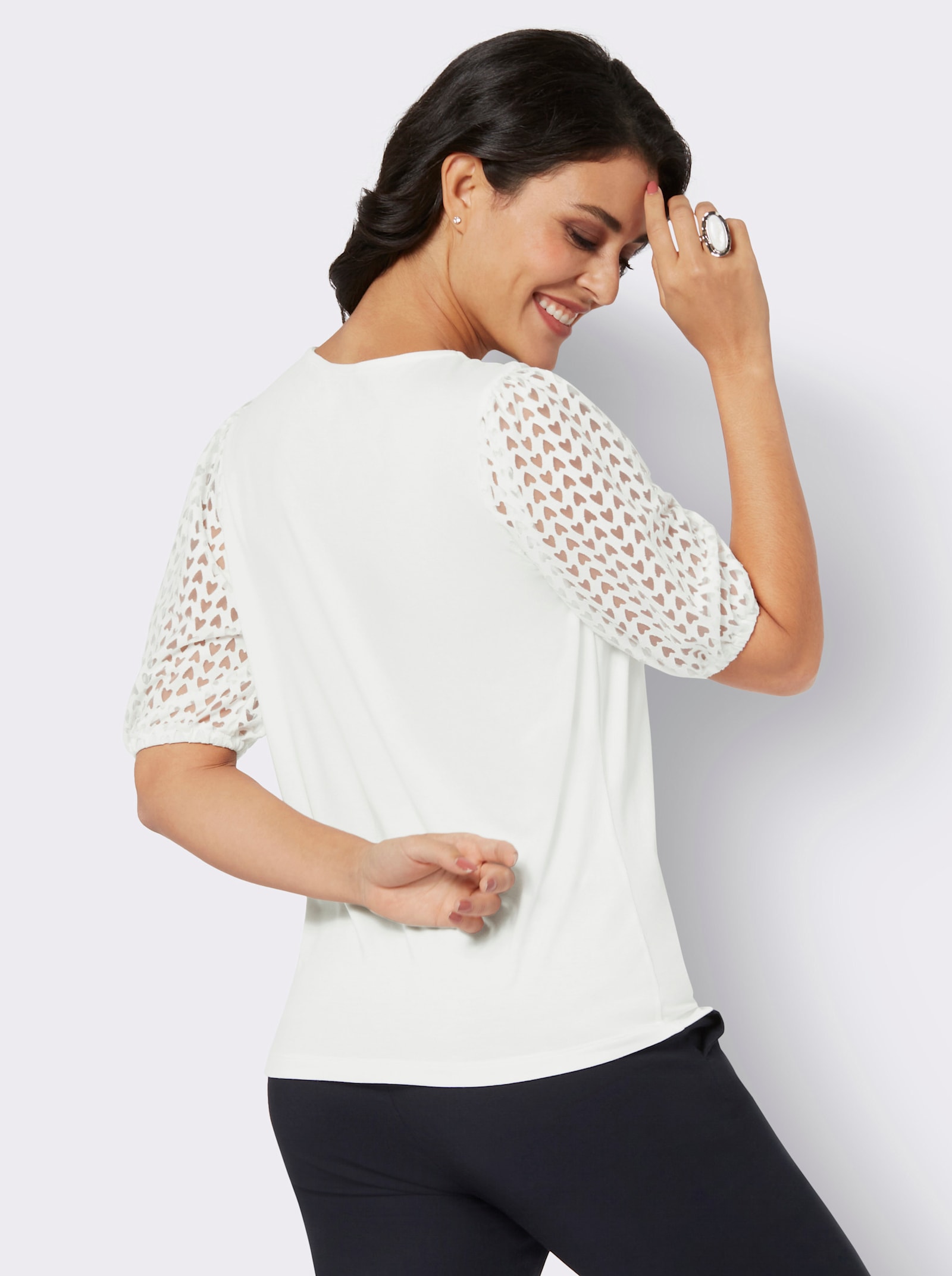 V-Shirt mit Ärmeln im Ausbrenner-Dessin - ecru