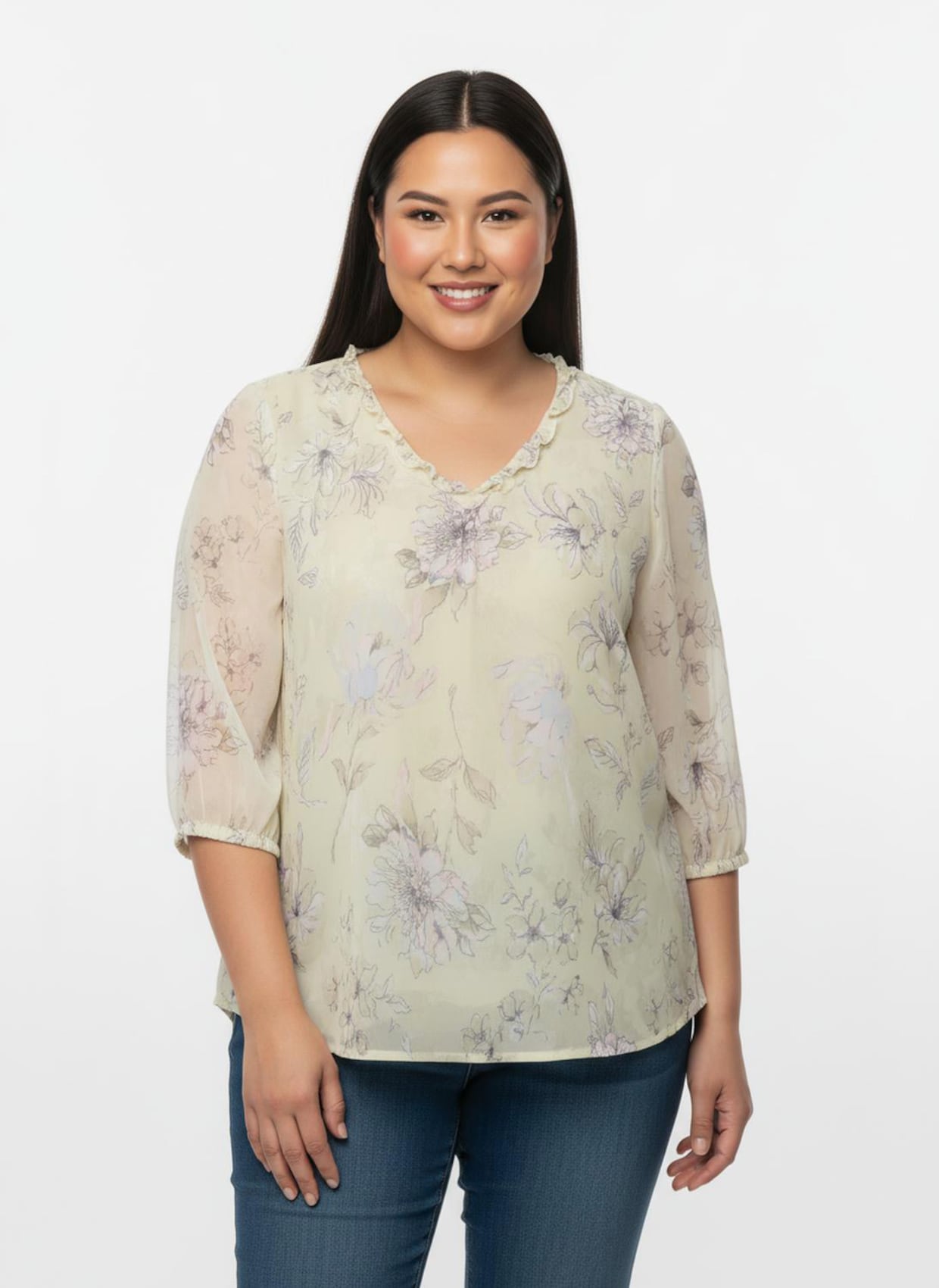 Schlupfbluse mit Volant am Ausschnitt - sand-hortensie-bedruckt