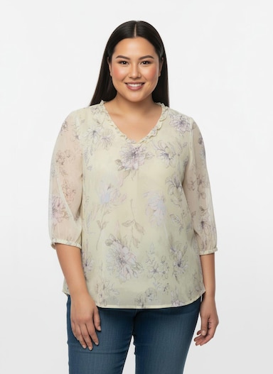 Schlupfbluse mit Volant am Ausschnitt - sand-hortensie-bedruckt