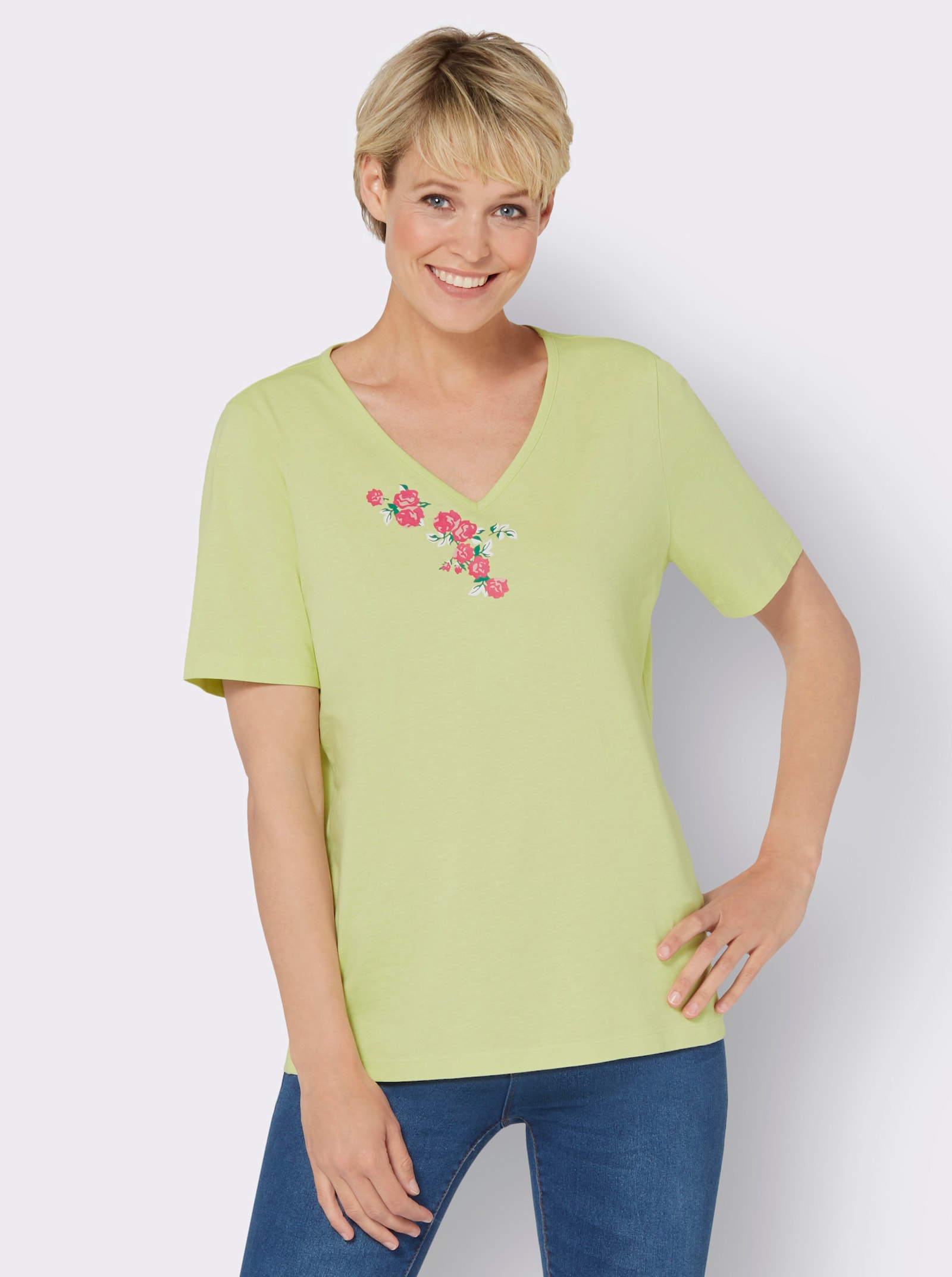 V-Shirt mit platziertem Print - pistazie-pink