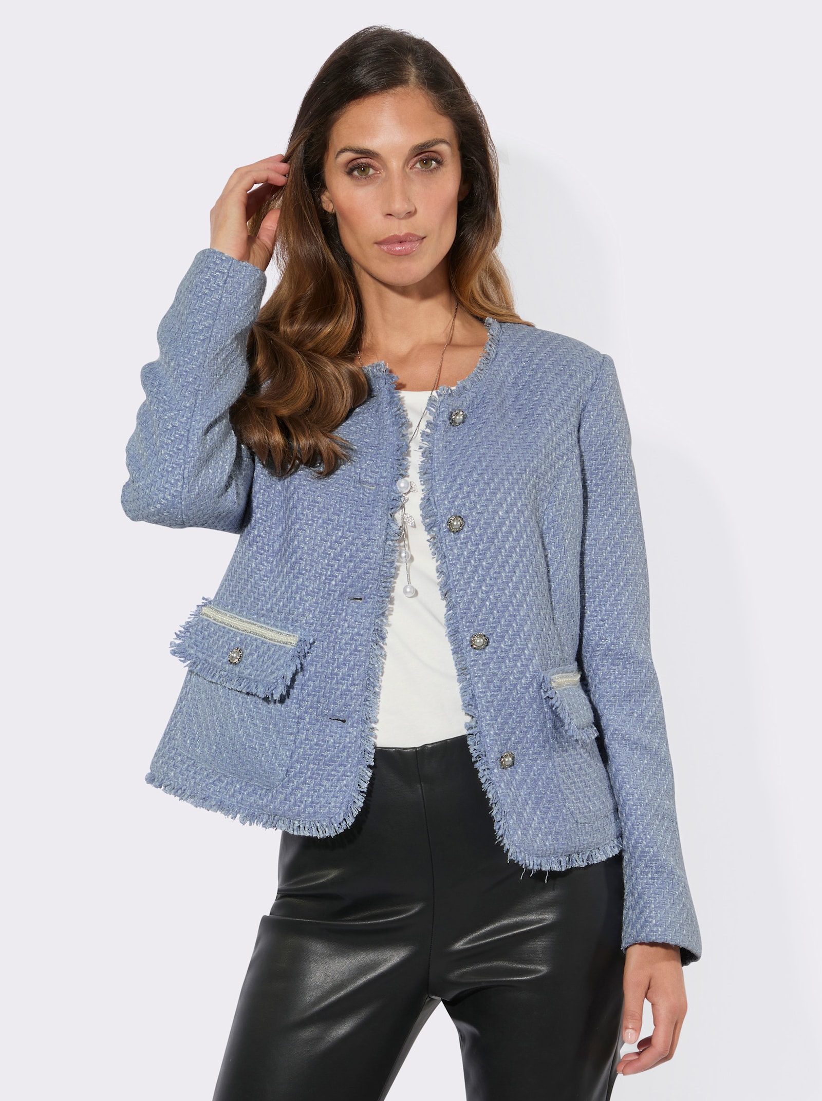 Bouclé-Blazer mit Fransen-Verzierung - taubenblau