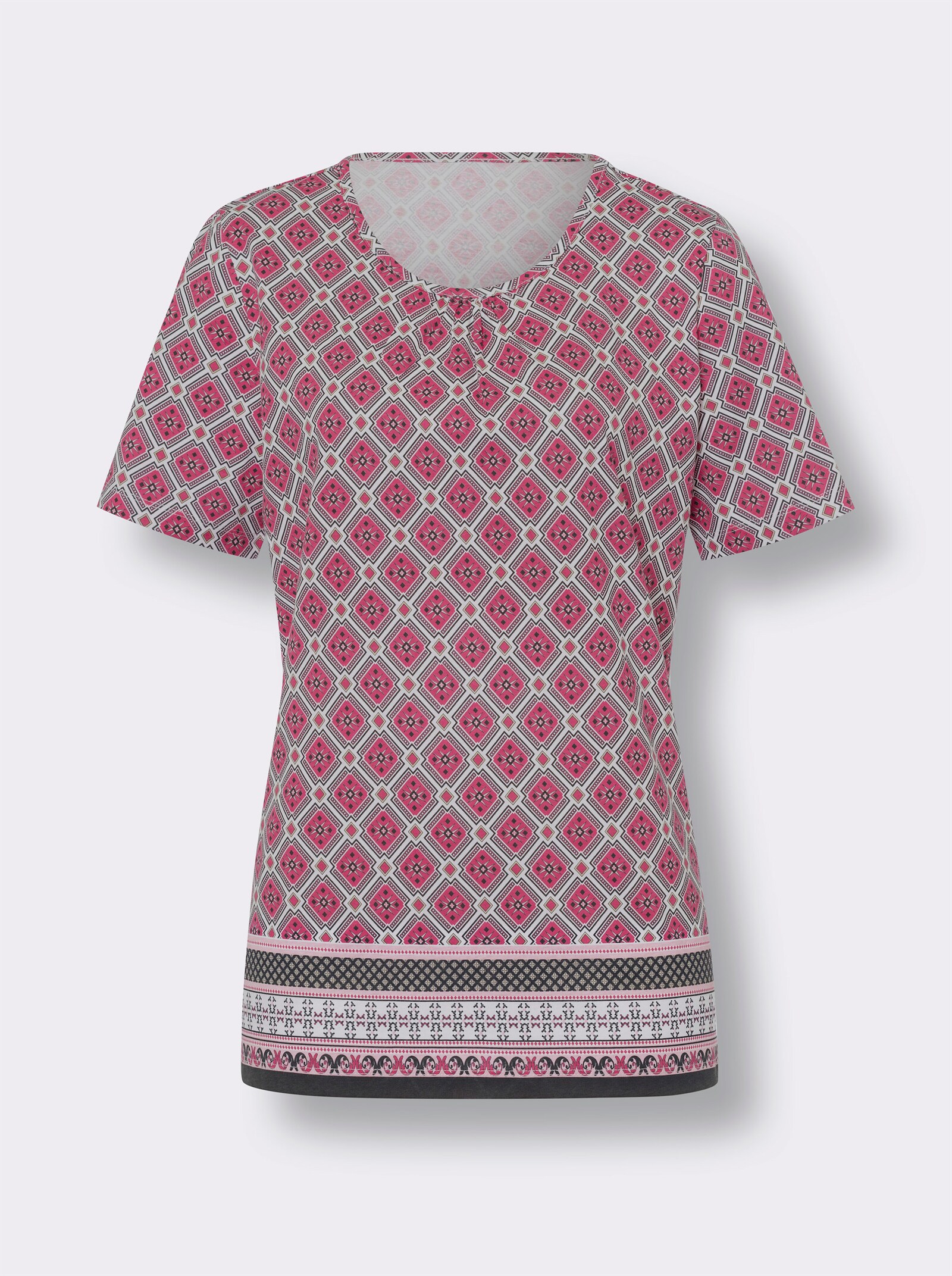  Kurzarmshirt mit Bordüren-Druck, Baumwolle - fuchsia-weiß-bedruckt