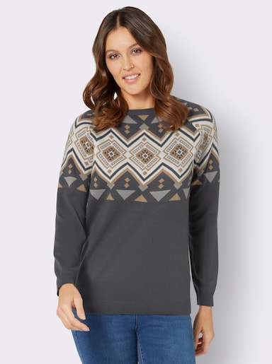 Pullover met ronde hals - antraciet/camel gedessineerd