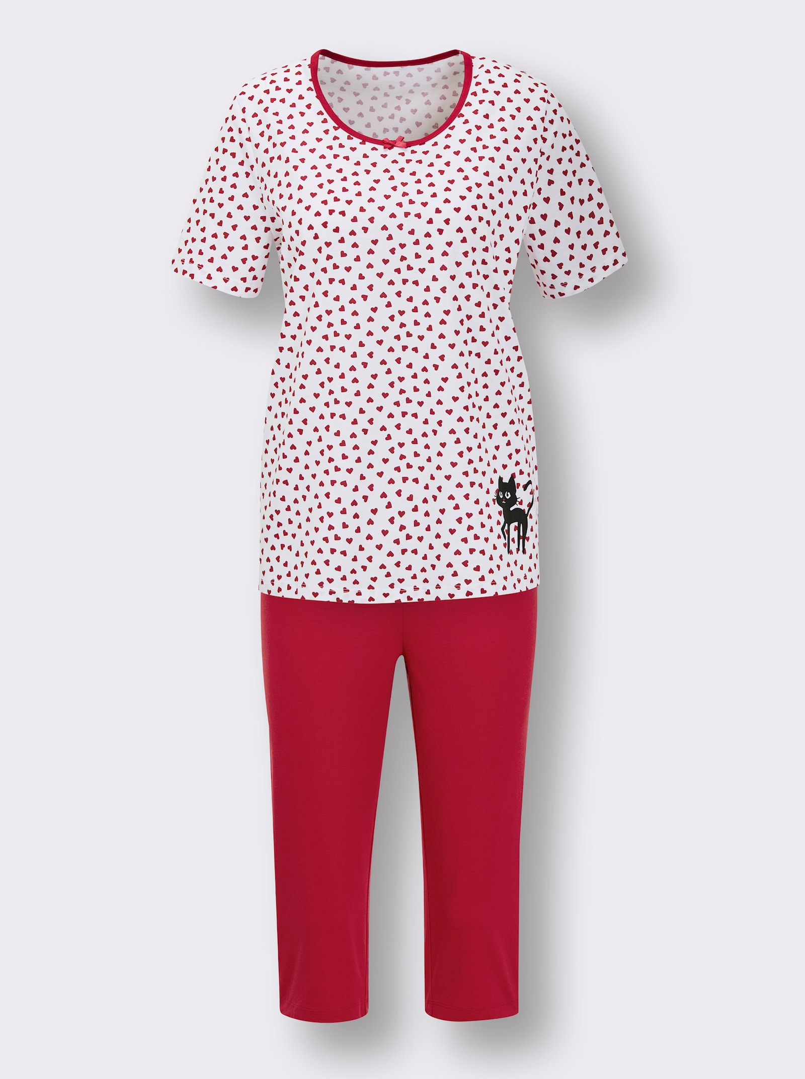 wäschepur Capri-Schlafanzüge mit Katzenmotiven - weiß-schwarz-bedruckt + weiß-rot-bedruckt