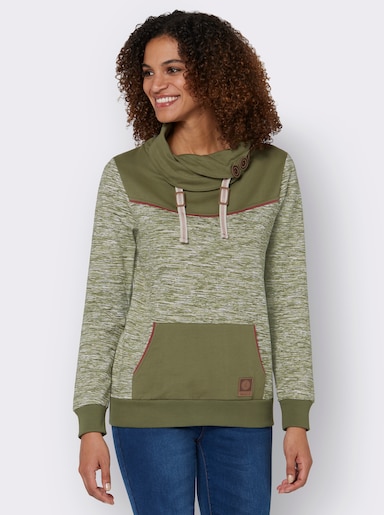 Sweatshirt mit Kontrast-Details - olive-weiß-meliert