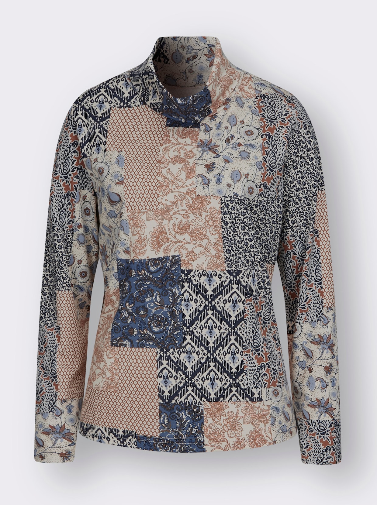 Rollkragenshirt - taubenblau-cognac-bedruckt