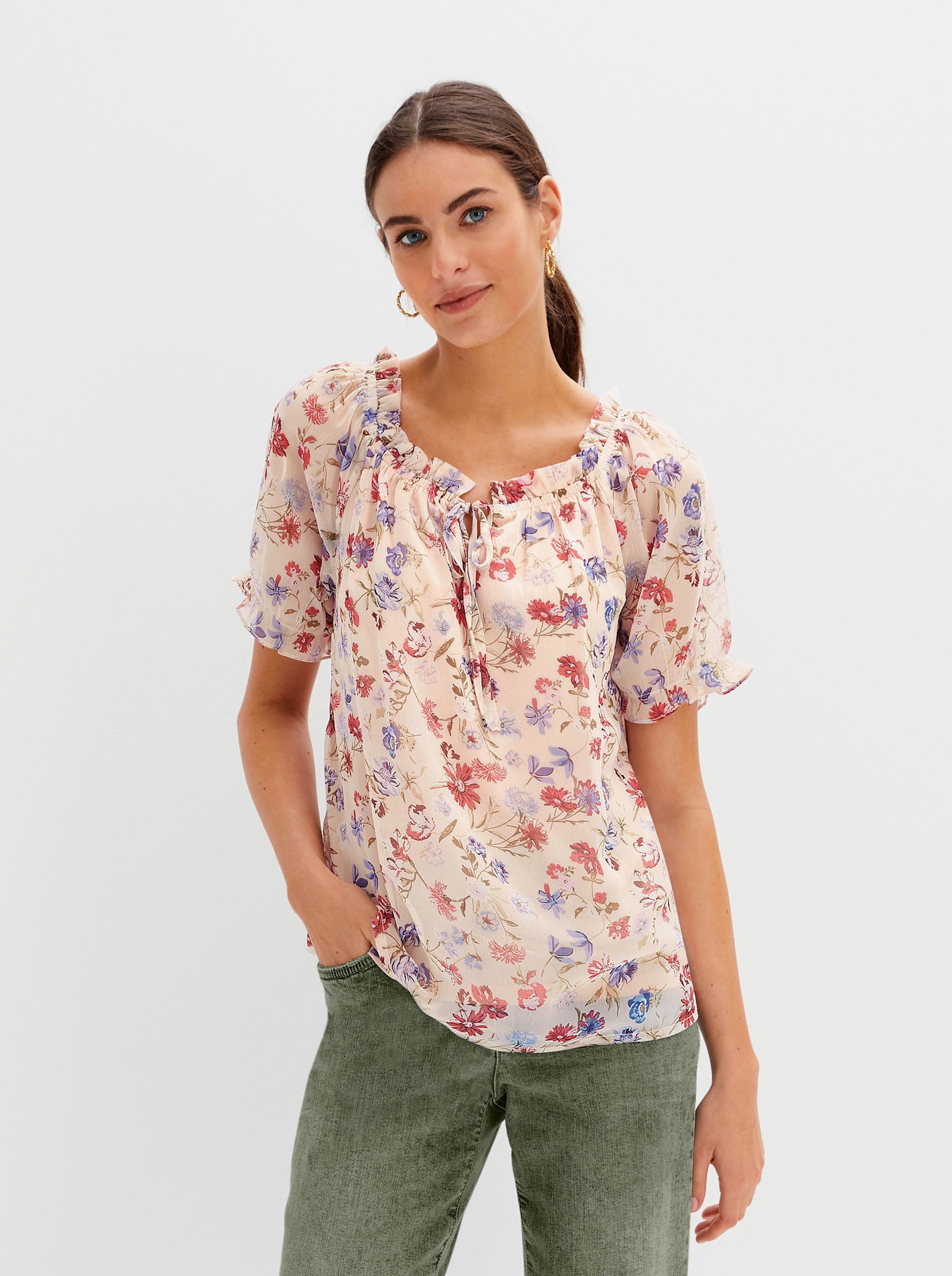 Crêpebluse mit Rüschen-Verzierung - beige-koralle-bedruckt