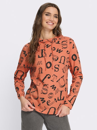 Stehkragenshirt mit Lettering-Print - papaya-schwarz-bedruckt
