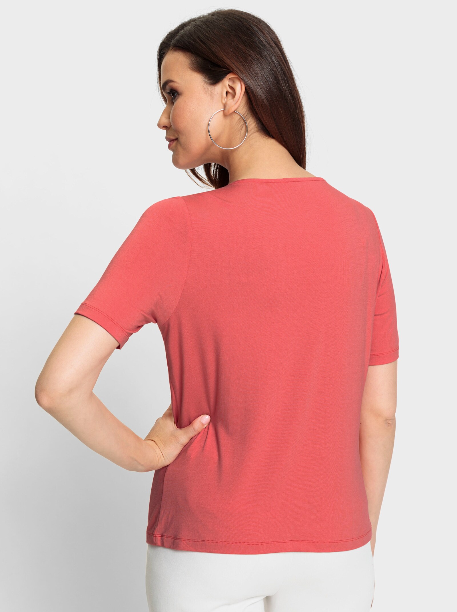 Kurzarmshirt mit Zierperlen-Applikation - grapefruit